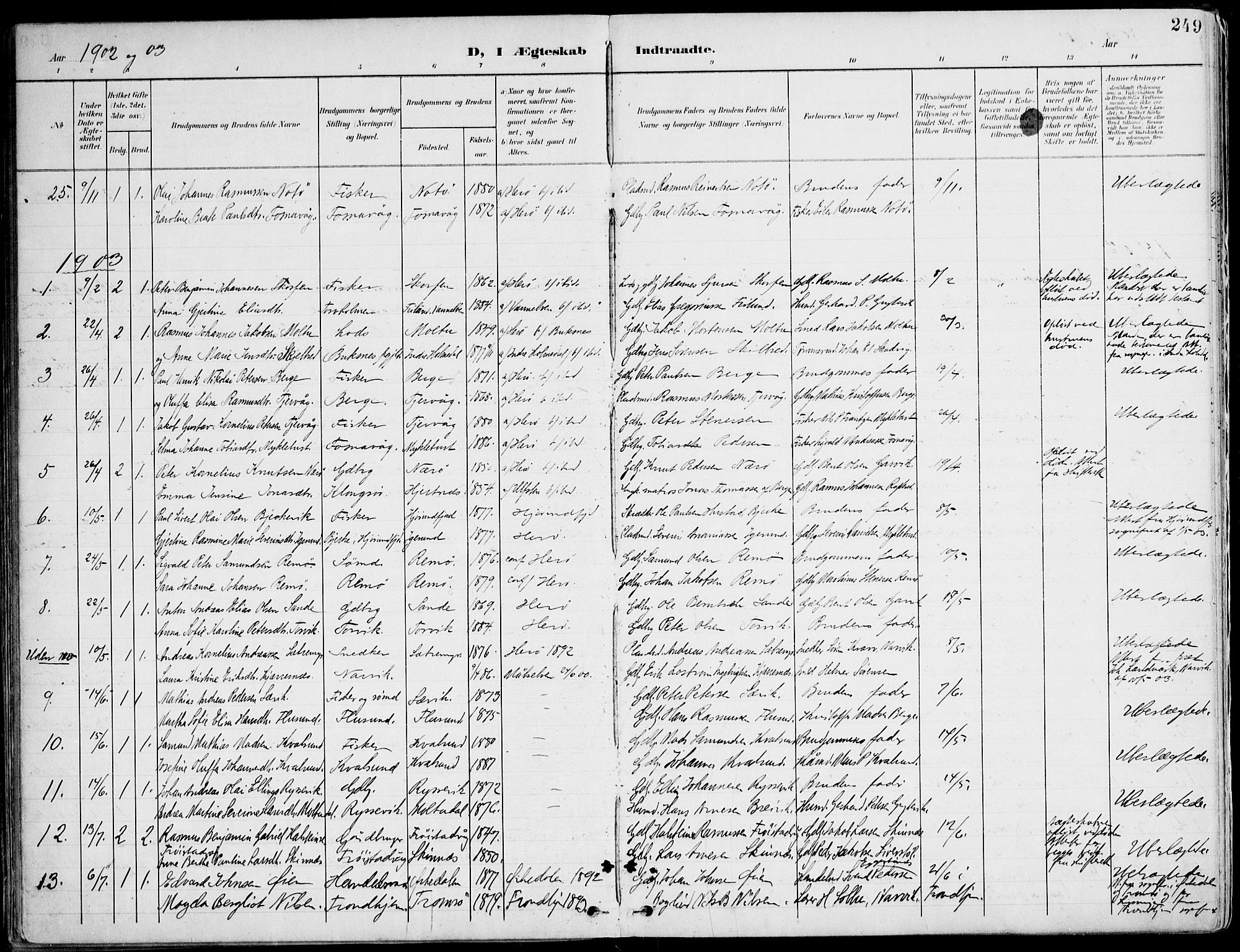 Ministerialprotokoller, klokkerbøker og fødselsregistre - Møre og Romsdal, SAT/A-1454/507/L0075: Parish register (official) no. 507A10, 1901-1920, p. 249