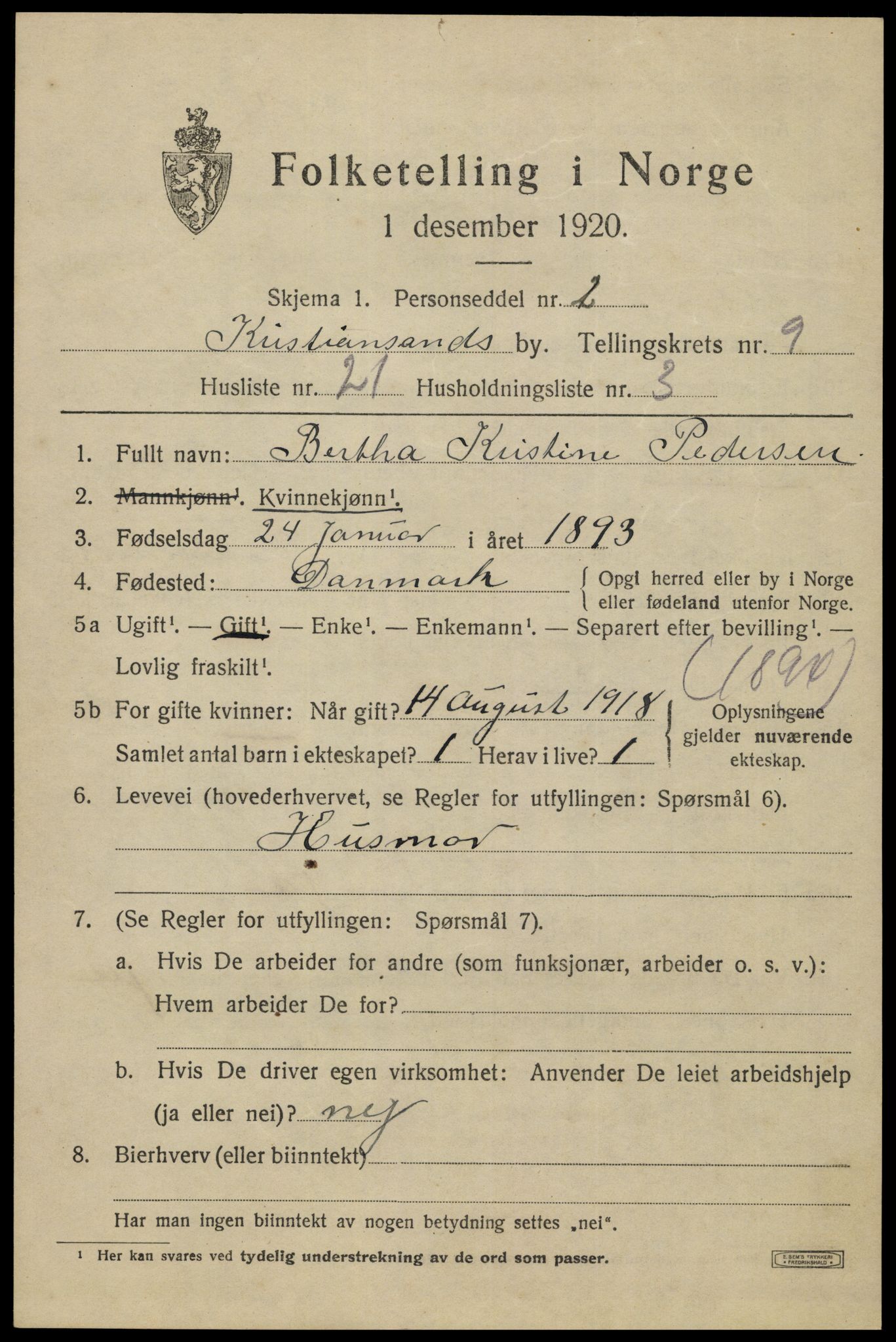 SAK, 1920 census for Kristiansand, 1920, p. 22897