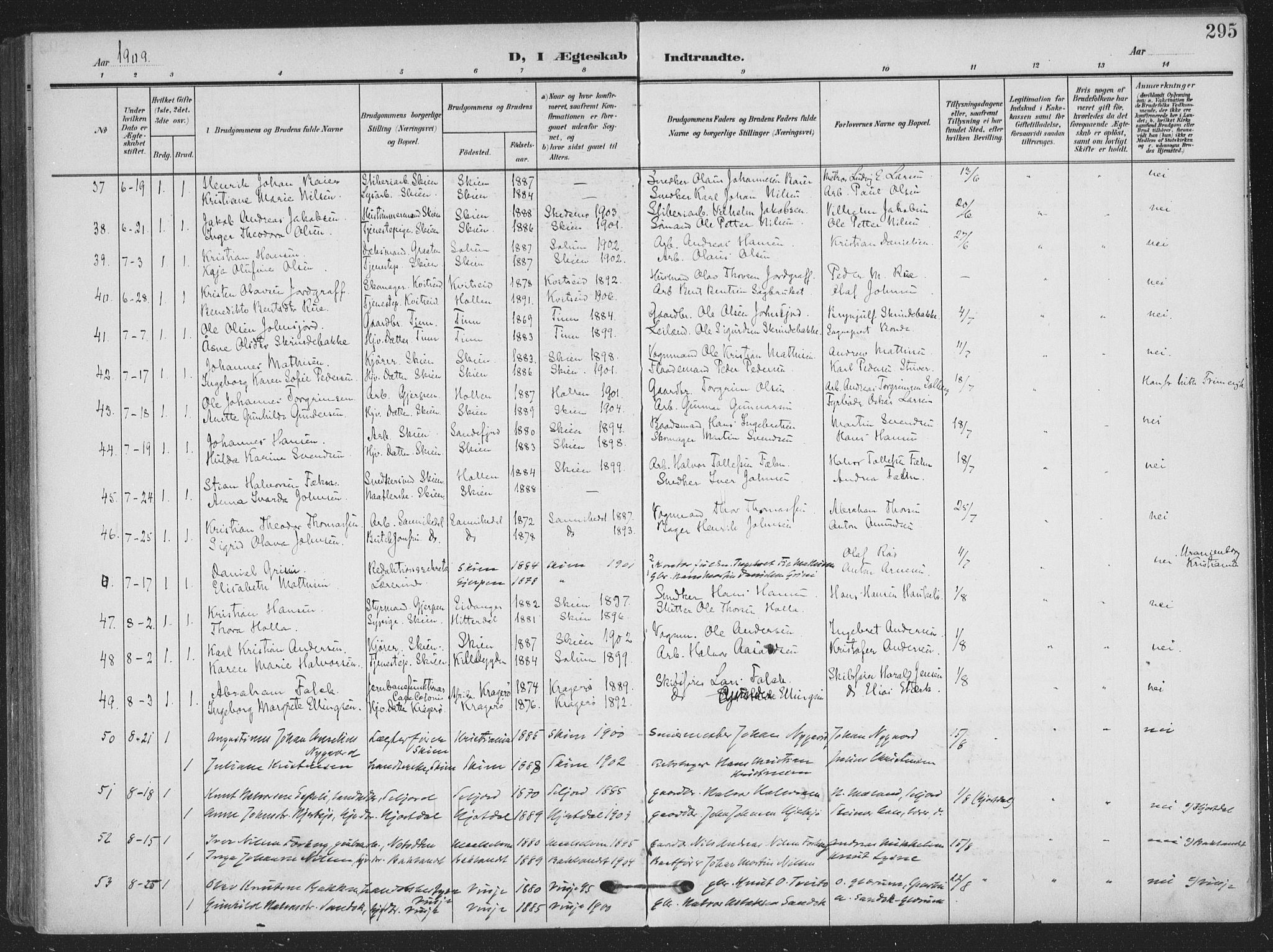 Skien kirkebøker, AV/SAKO-A-302/F/Fa/L0012: Parish register (official) no. 12, 1908-1914, p. 295