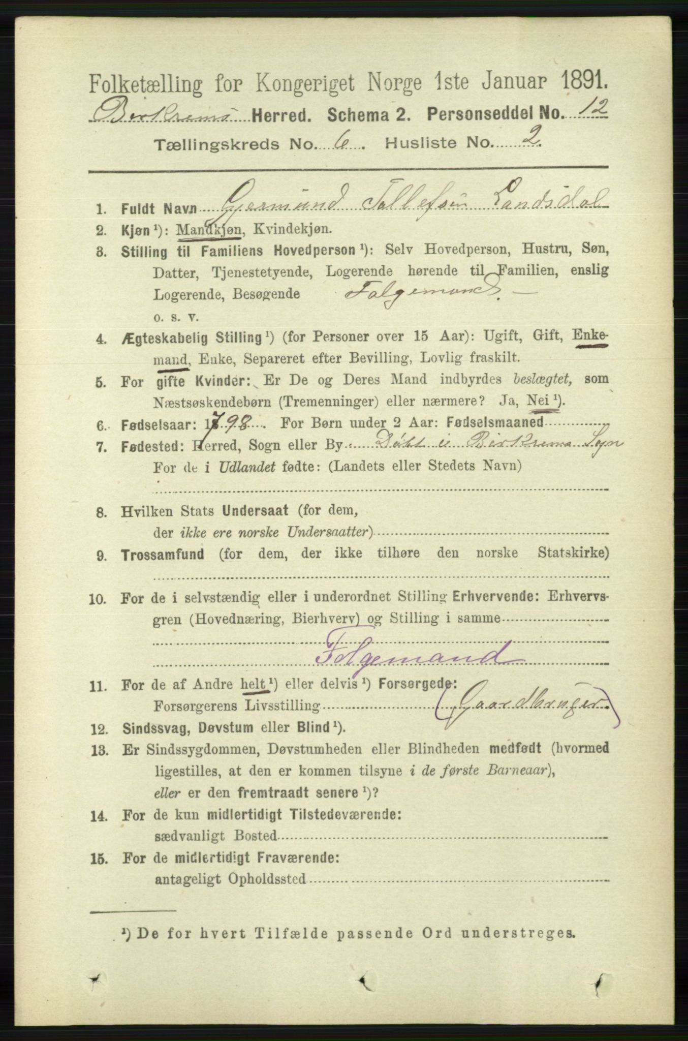 RA, 1891 census for 1114 Bjerkreim, 1891, p. 2073