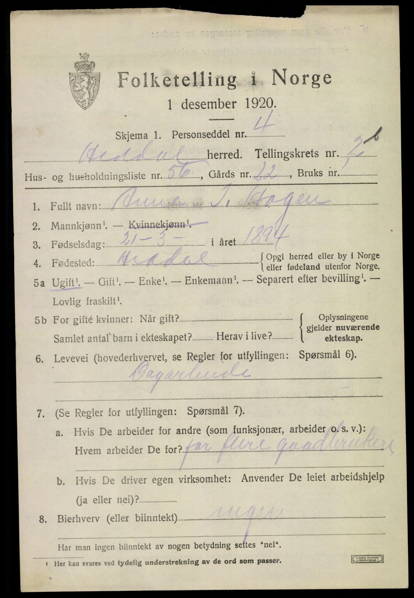 SAKO, 1920 census for Heddal, 1920, p. 3642