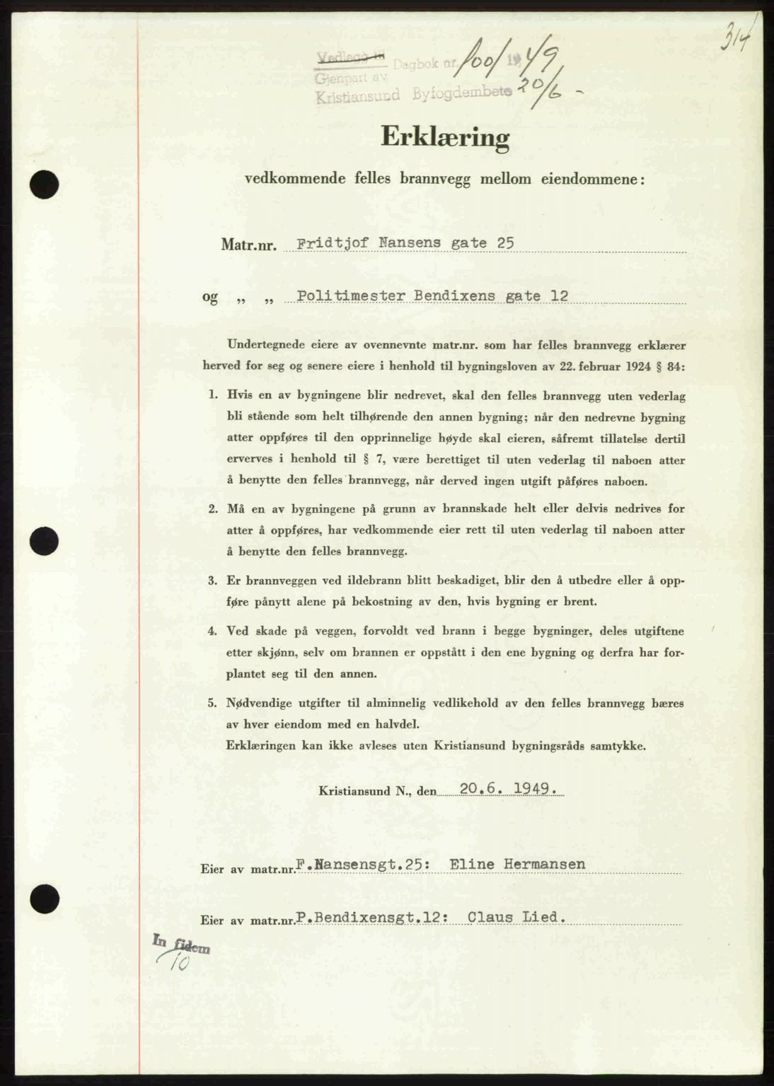 Kristiansund byfogd, AV/SAT-A-4587/A/27: Mortgage book no. 45, 1948-1949, Diary no: : 1001/1949
