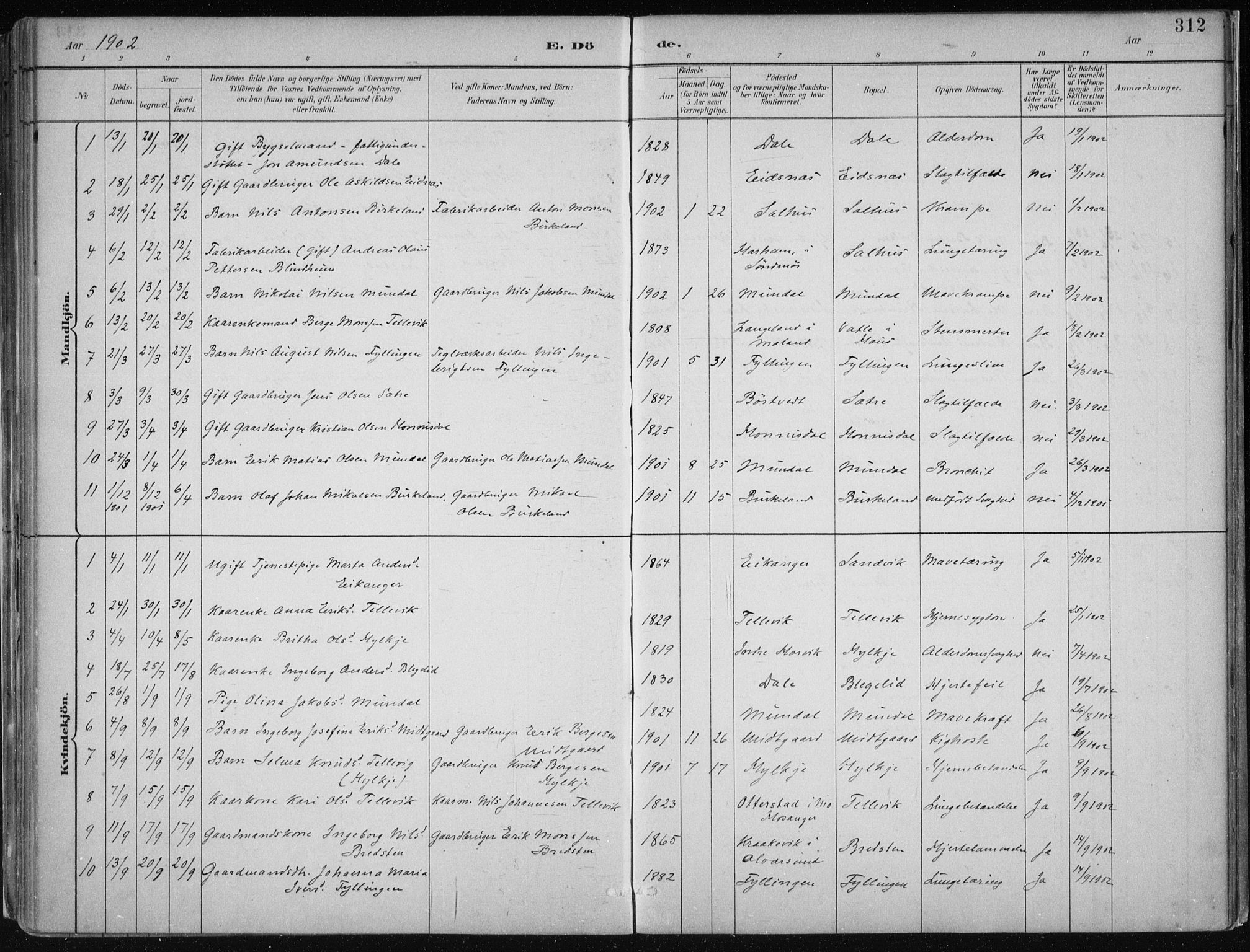 Hamre sokneprestembete, SAB/A-75501/H/Ha/Haa/Haab/L0001: Parish register (official) no. B  1, 1882-1905, p. 312