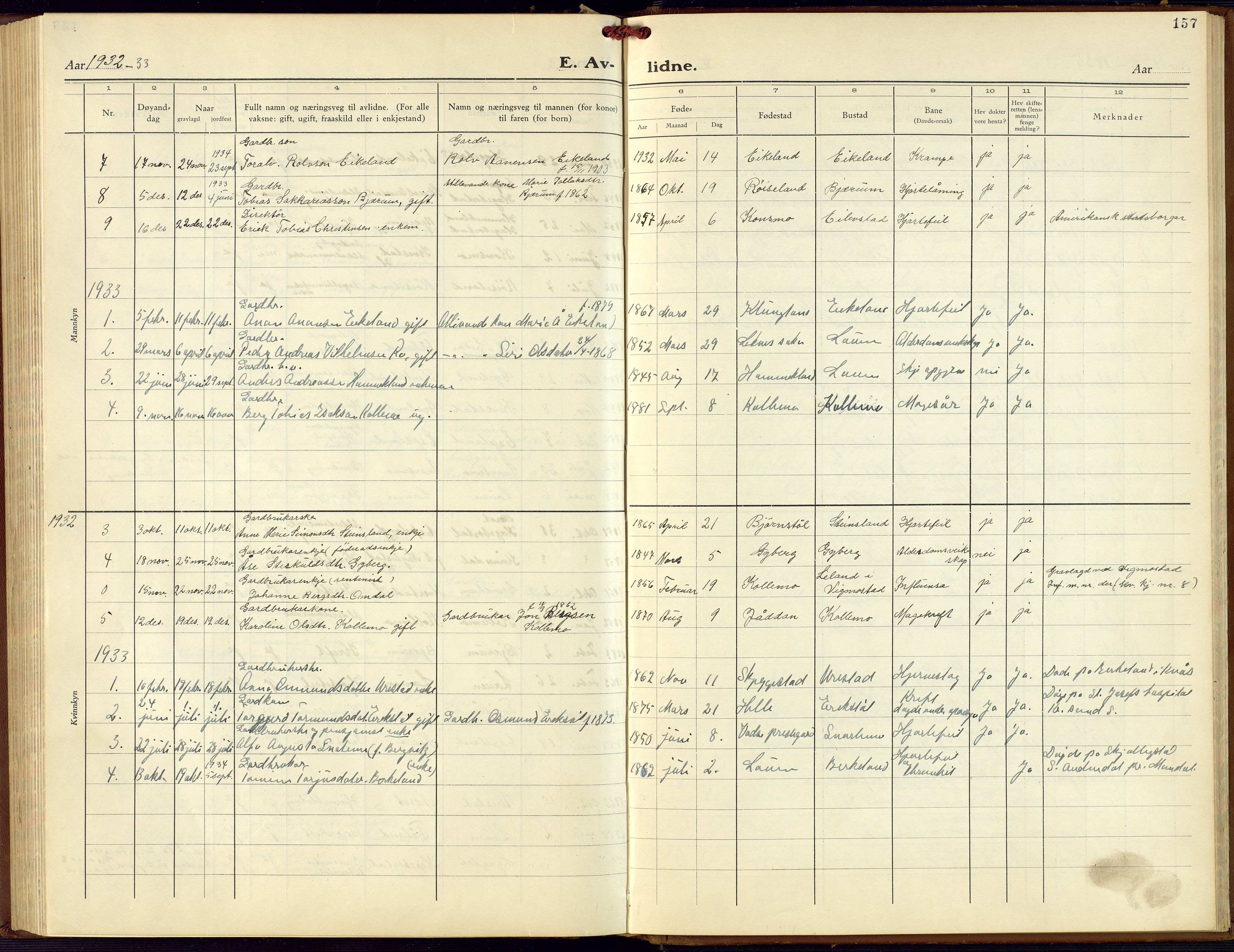 Hægebostad sokneprestkontor, AV/SAK-1111-0024/F/Fb/Fba/L0006: Parish register (copy) no. B 6, 1931-1970, p. 157