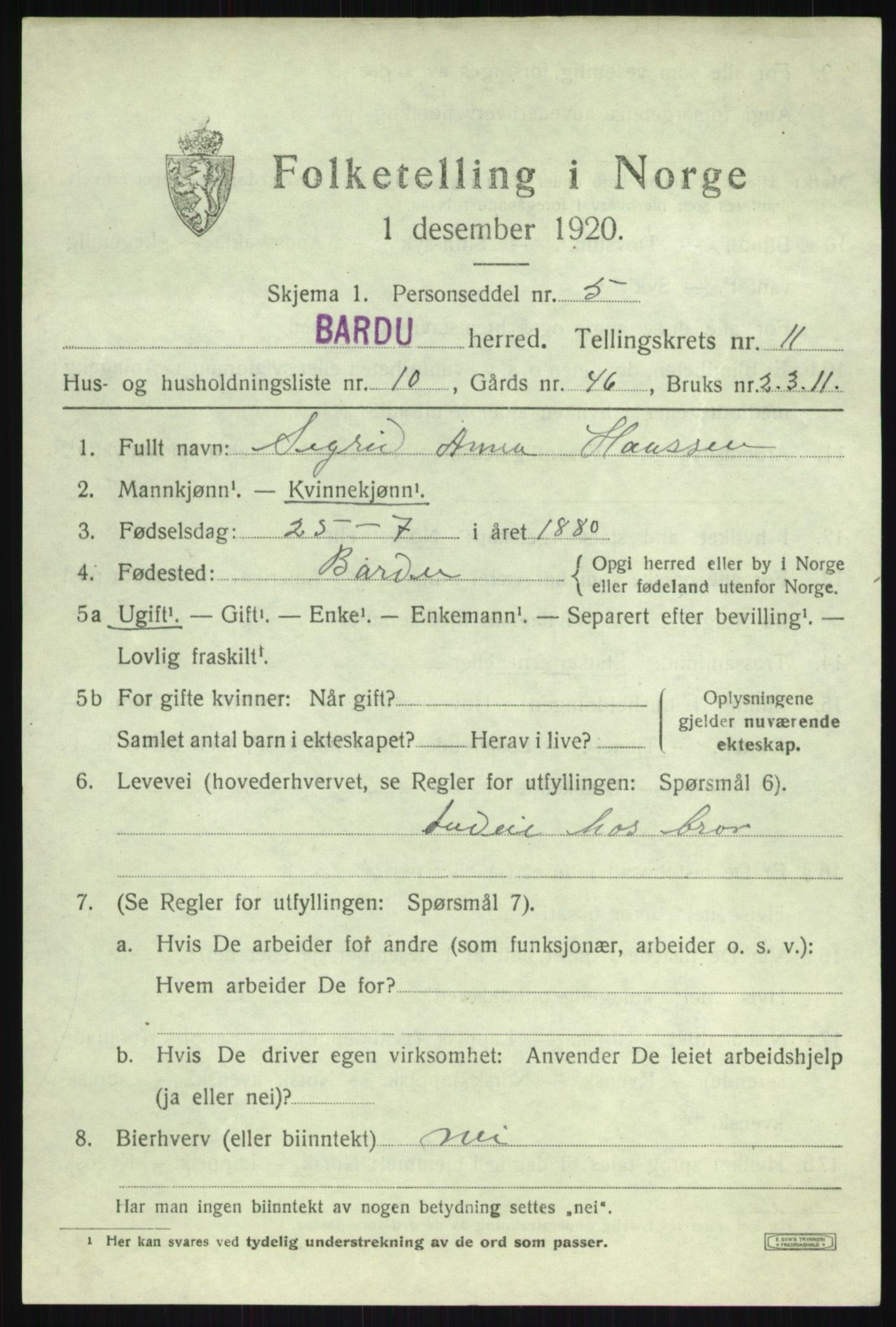 SATØ, 1920 census for Bardu, 1920, p. 3611