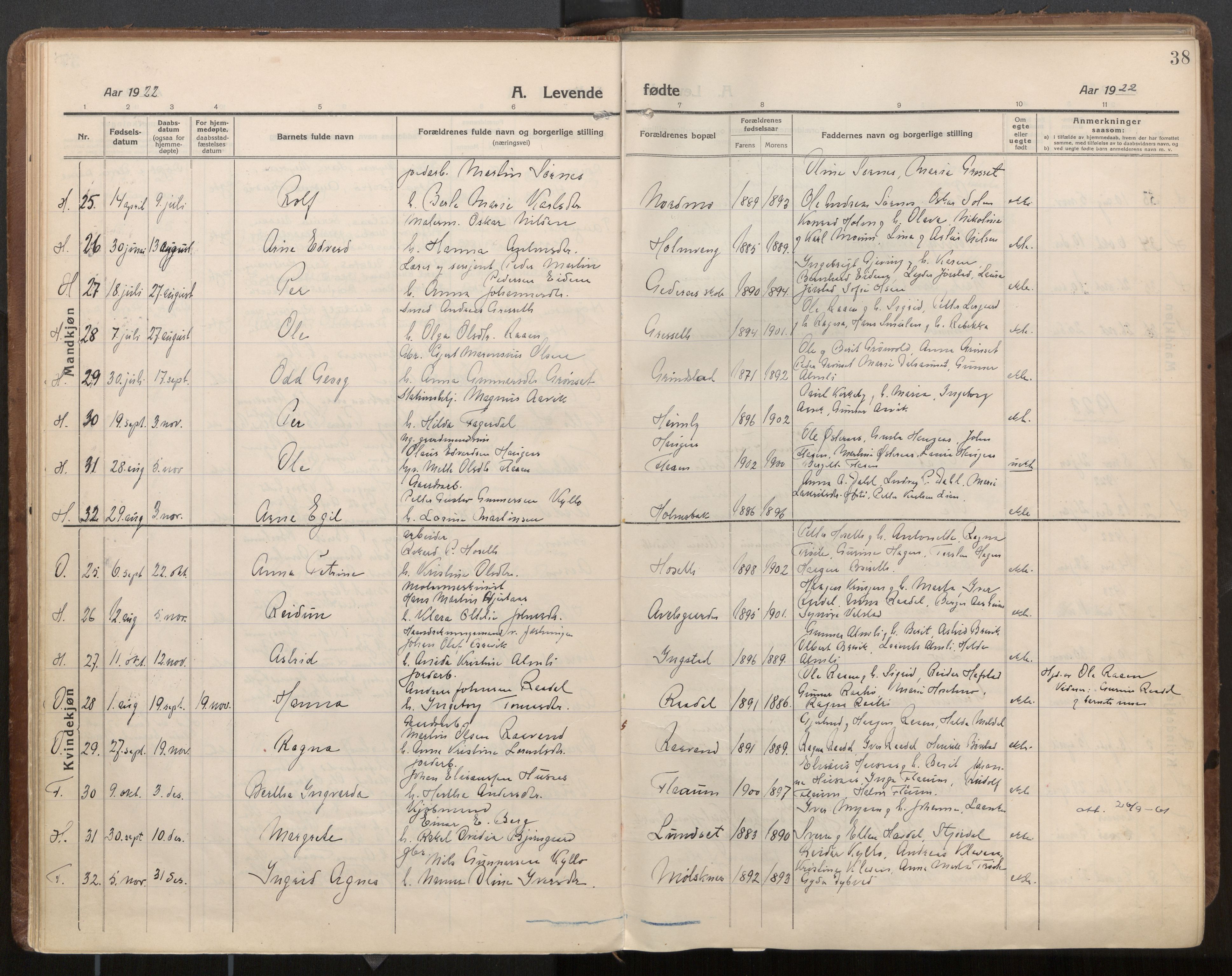 Ministerialprotokoller, klokkerbøker og fødselsregistre - Nord-Trøndelag, SAT/A-1458/703/L0037: Parish register (official) no. 703A10, 1915-1932, p. 38