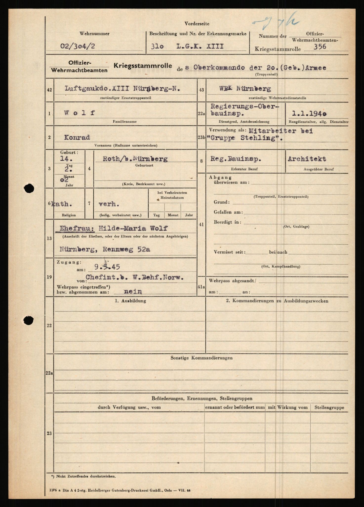 Forsvarets Overkommando. 2 kontor. Arkiv 11.4. Spredte tyske arkivsaker, AV/RA-RAFA-7031/D/Dar/Dara/L0019: Personalbøker og diverse, 1940-1945, p. 544