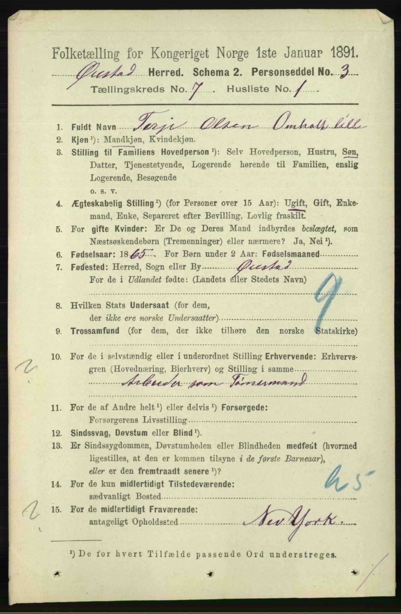 RA, 1891 census for 0920 Øyestad, 1891, p. 2657