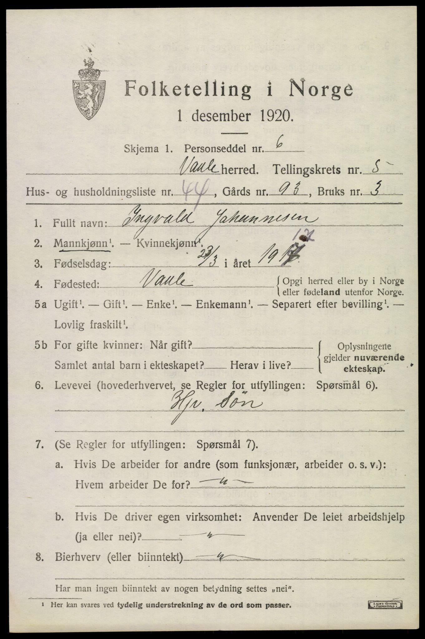 SAKO, 1920 census for Våle, 1920, p. 4146