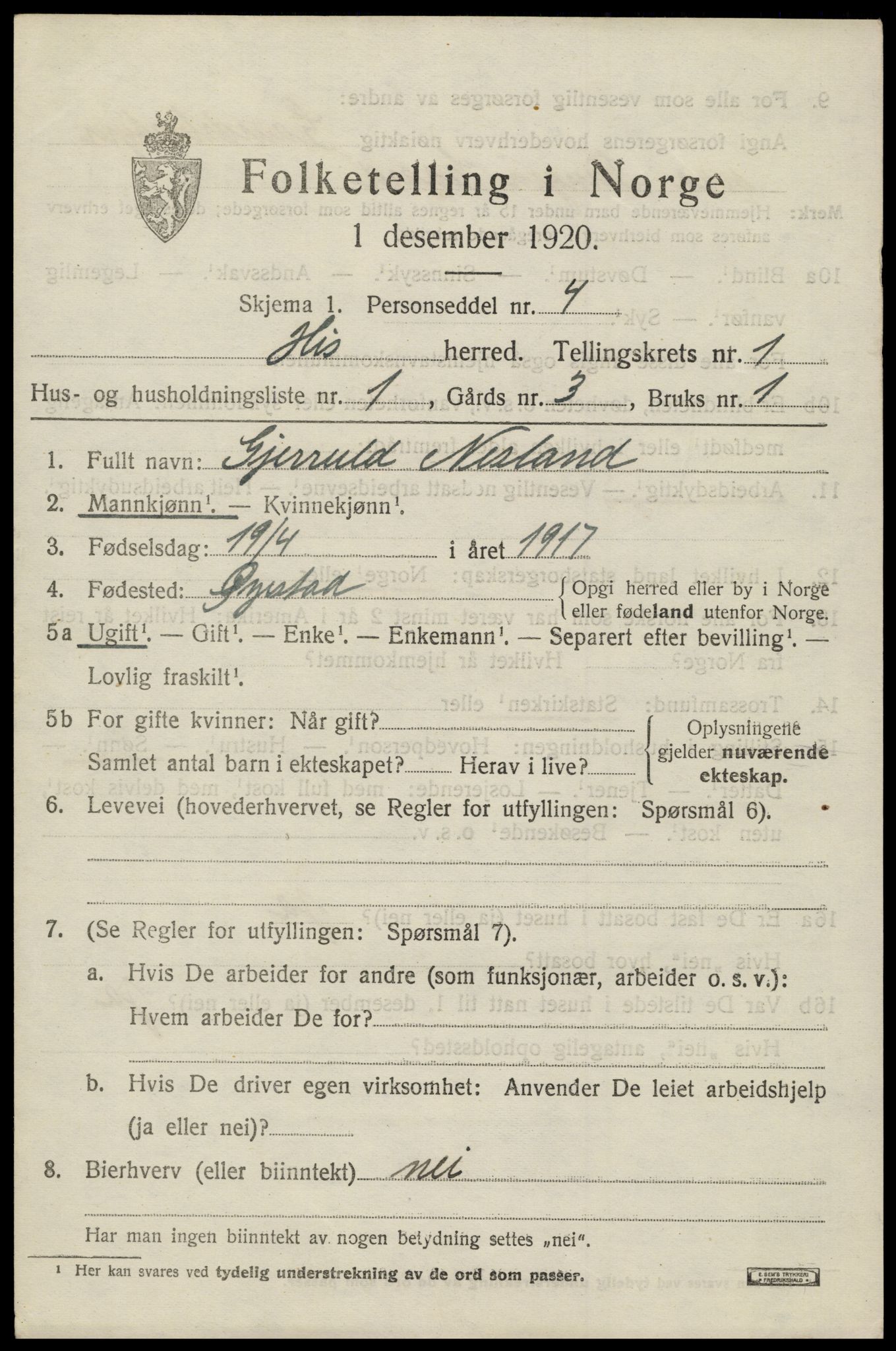 SAK, 1920 census for Hisøy, 1920, p. 1082