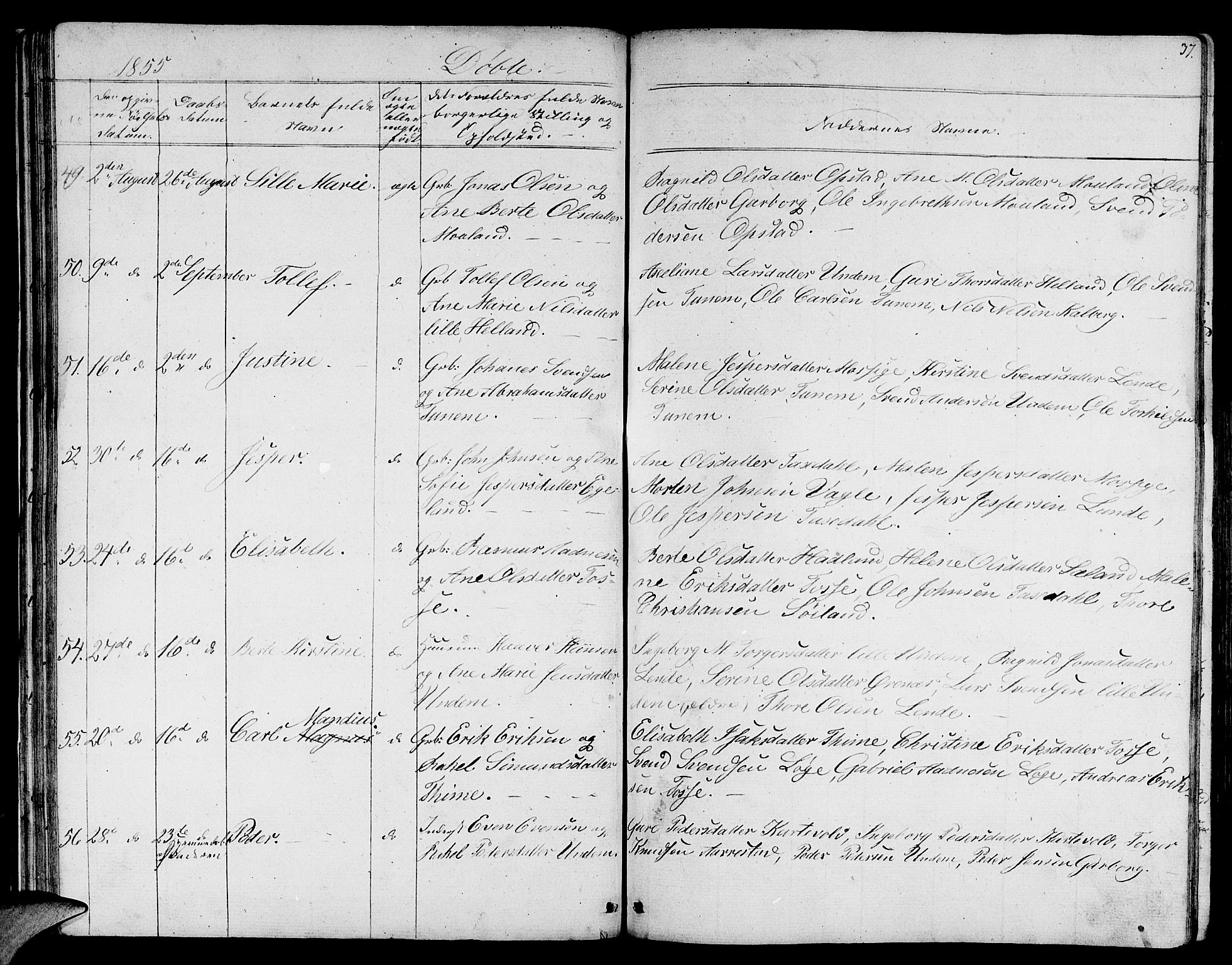 Lye sokneprestkontor, AV/SAST-A-101794/001/30BB/L0002: Parish register (copy) no. B 2, 1852-1867, p. 37