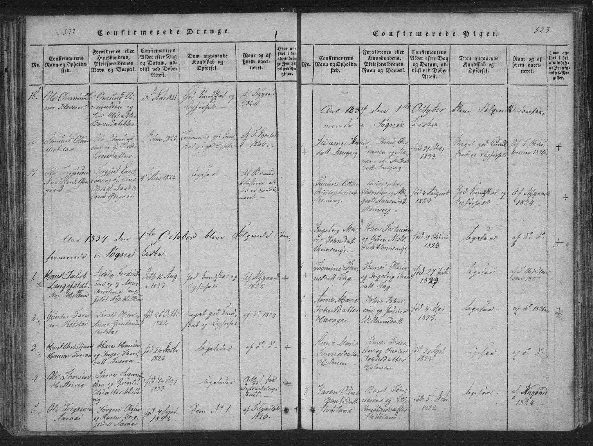 Søgne sokneprestkontor, SAK/1111-0037/F/Fa/Fab/L0008: Parish register (official) no. A 8, 1821-1838, p. 522-523