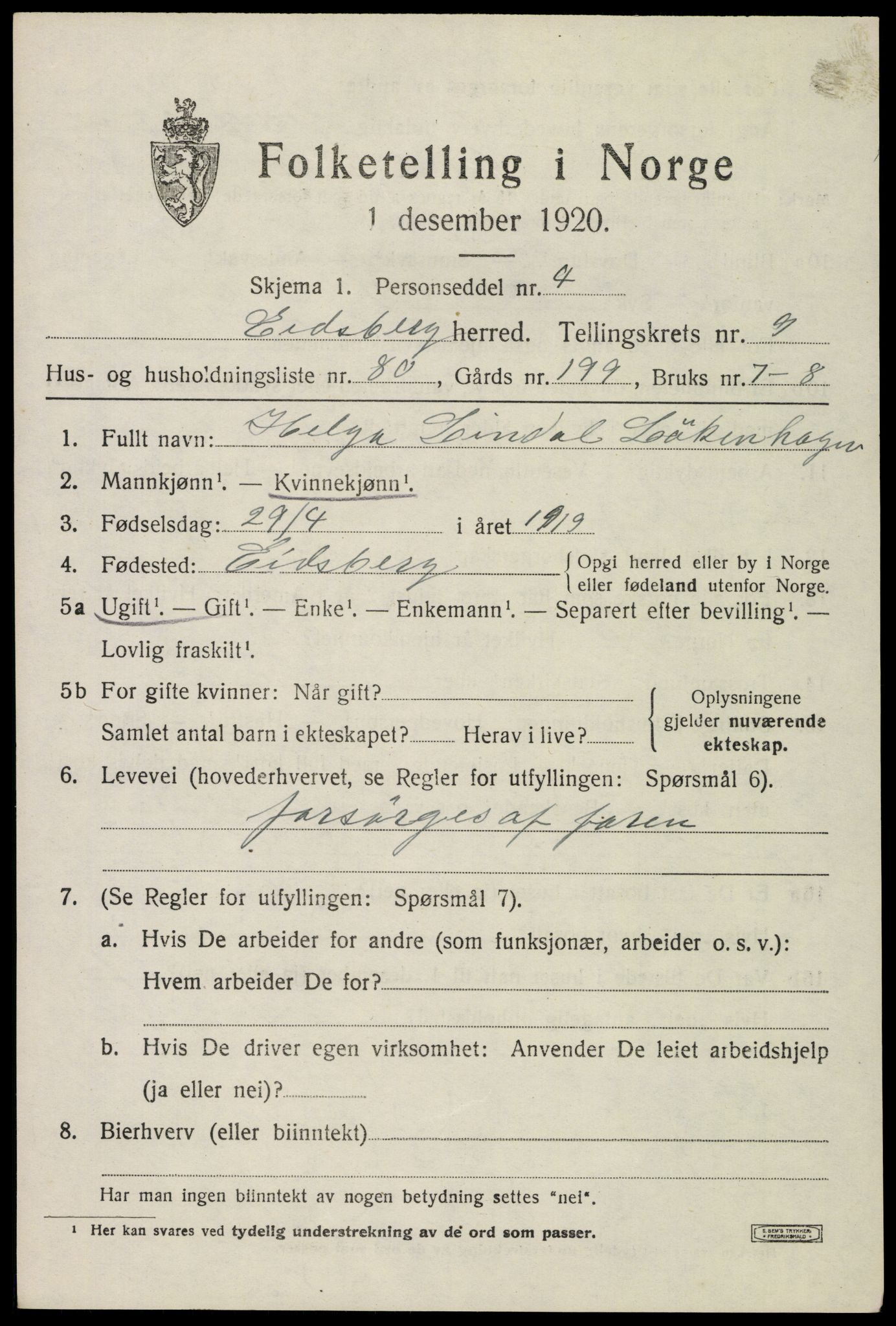 SAO, 1920 census for Eidsberg, 1920, p. 11307