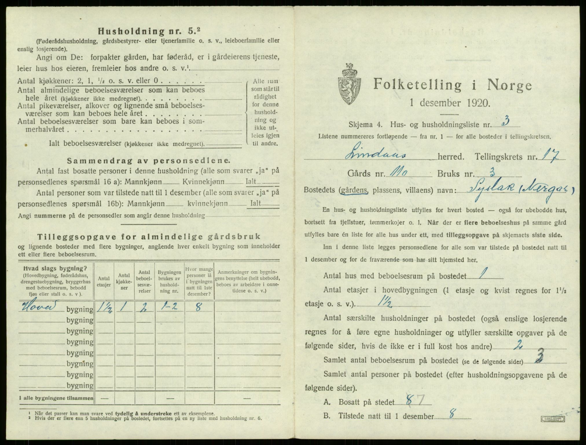 SAB, 1920 census for Lindås, 1920, p. 1225