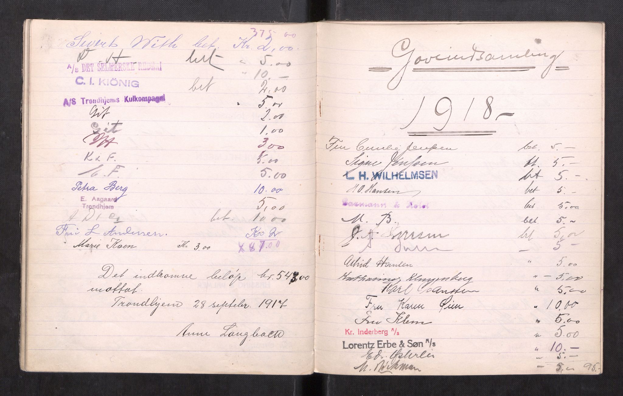 Kvindehjemmet i Trondhjem - Magdalenastiftelsen, AV/SAT-PA-0323/F/L0004: Gavebok for kvindehjemmet, 1909-1918
