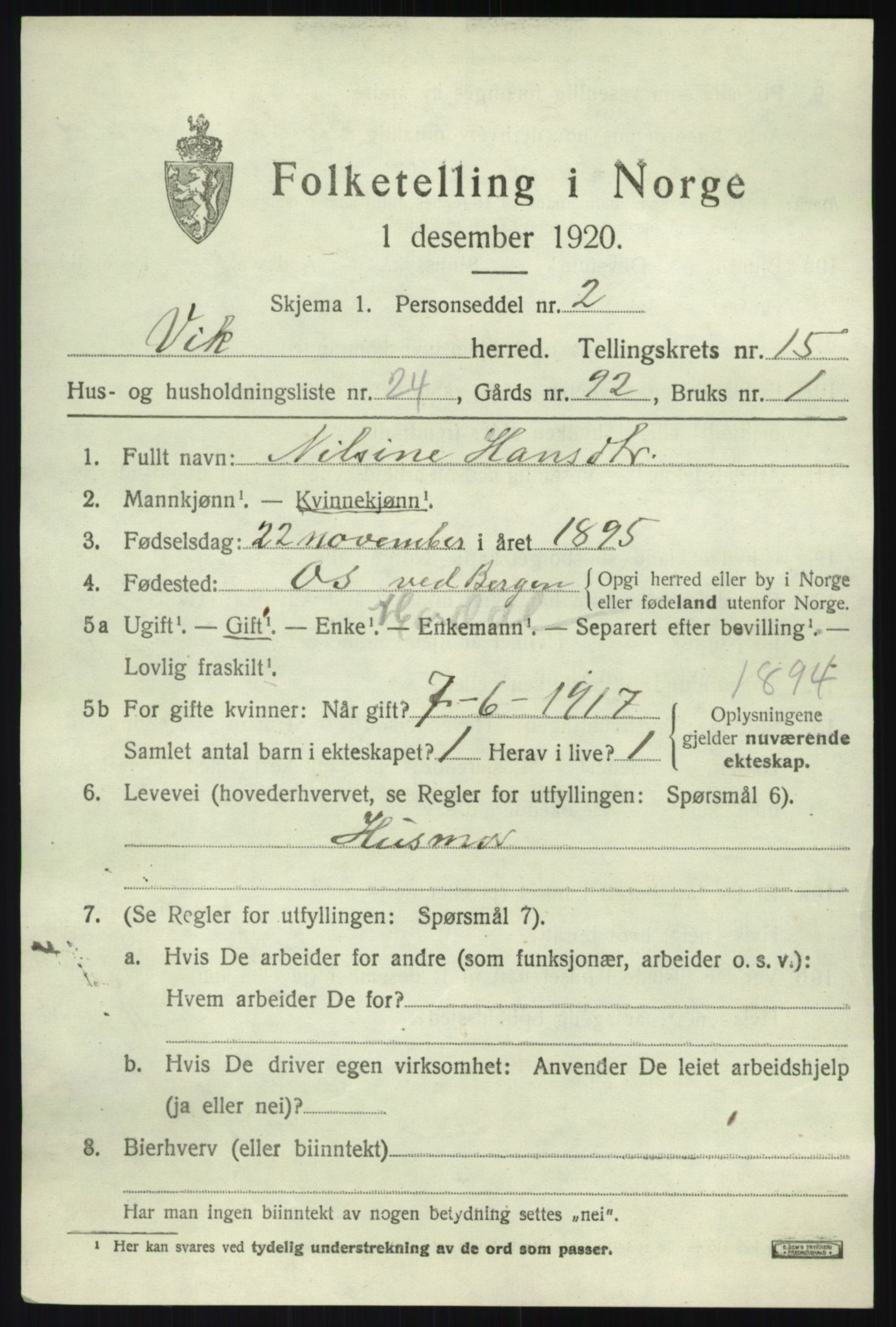 SAB, 1920 census for Vik, 1920, p. 8073