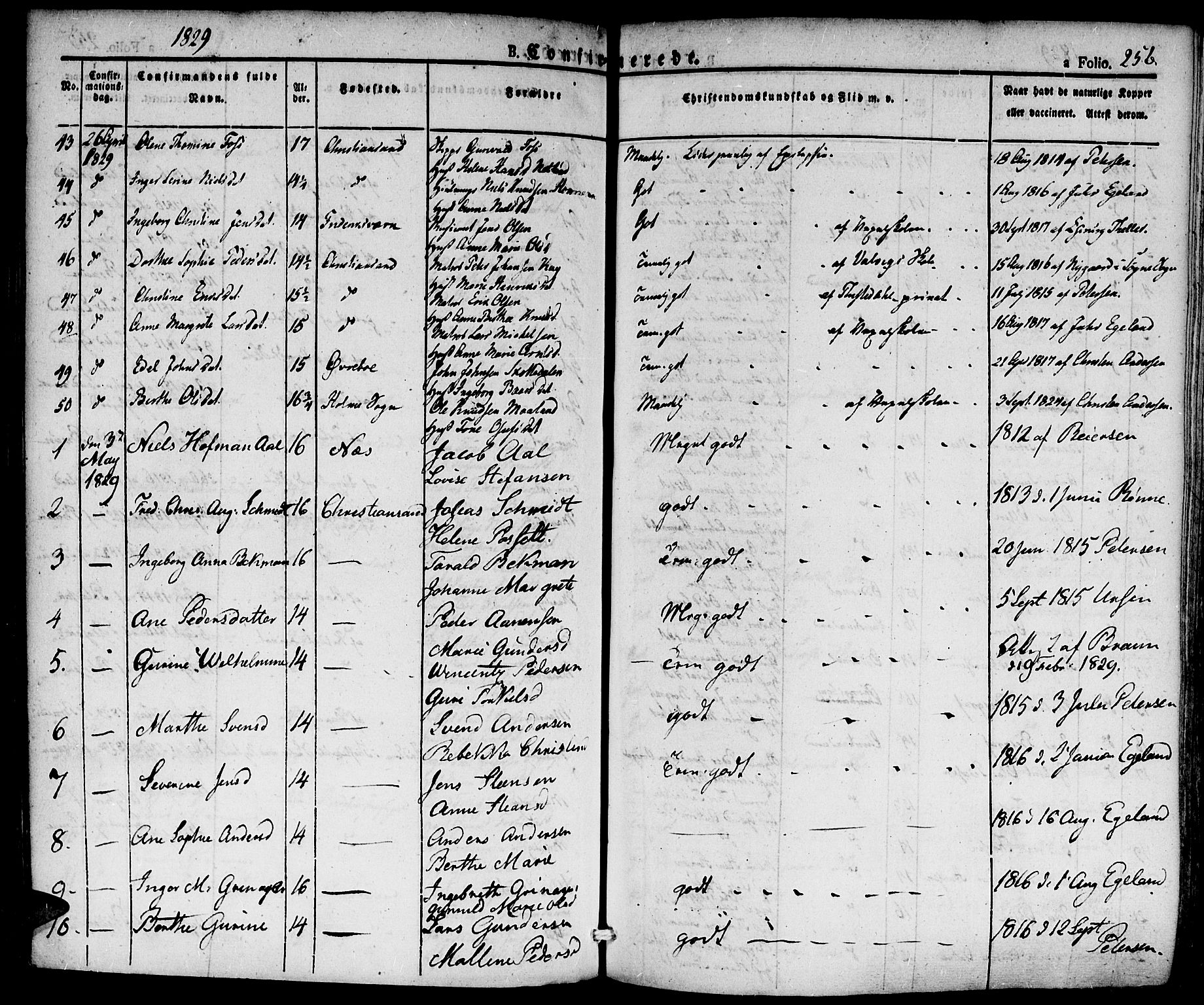 Kristiansand domprosti, SAK/1112-0006/F/Fa/L0011: Parish register (official) no. A 11, 1827-1841, p. 256