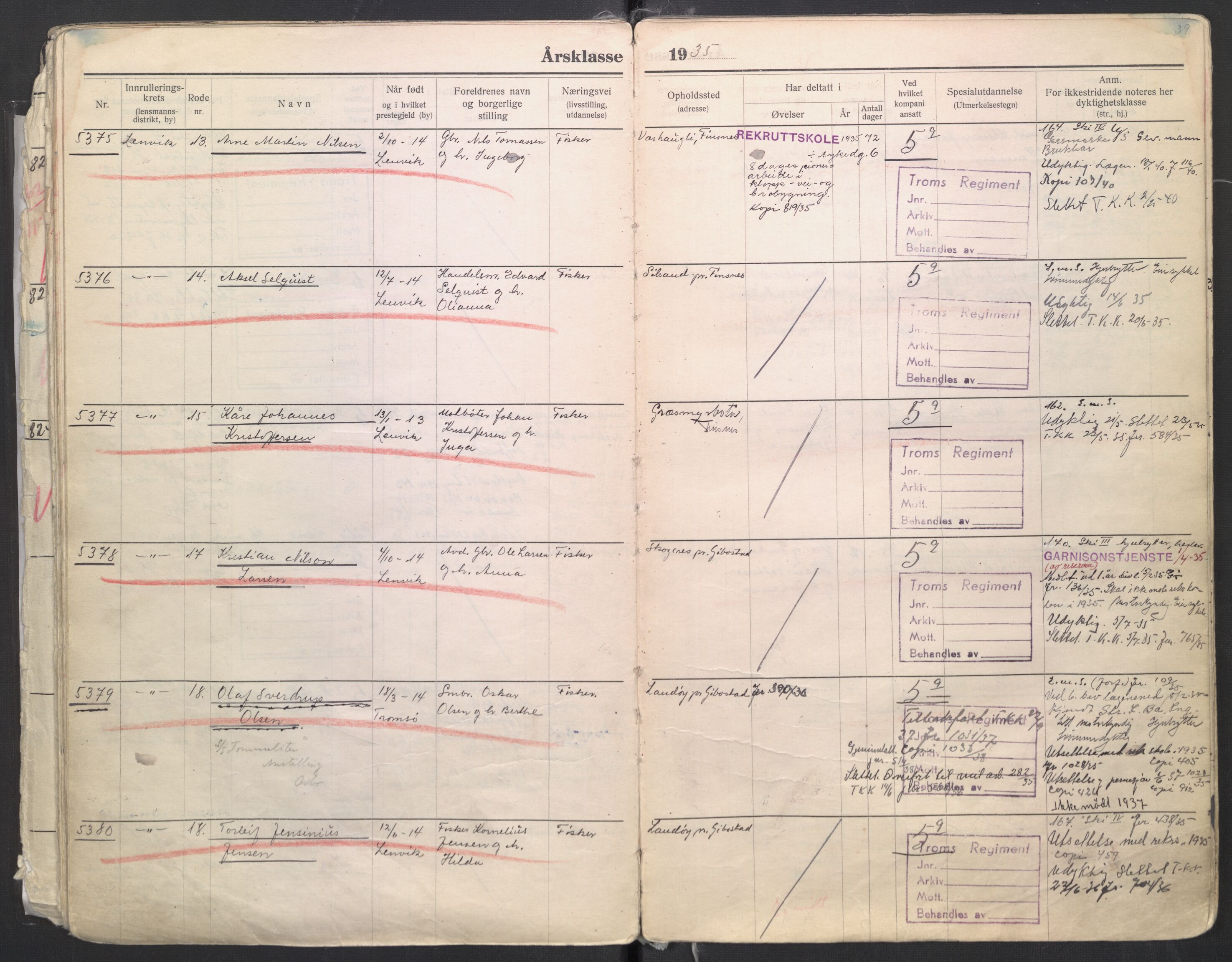 Forsvaret, Troms infanteriregiment nr. 16, AV/RA-RAFA-3146/P/Pa/L0006/0008: Ruller / Rulle for regimentets menige mannskaper, årsklasse 1935, 1935, p. 39