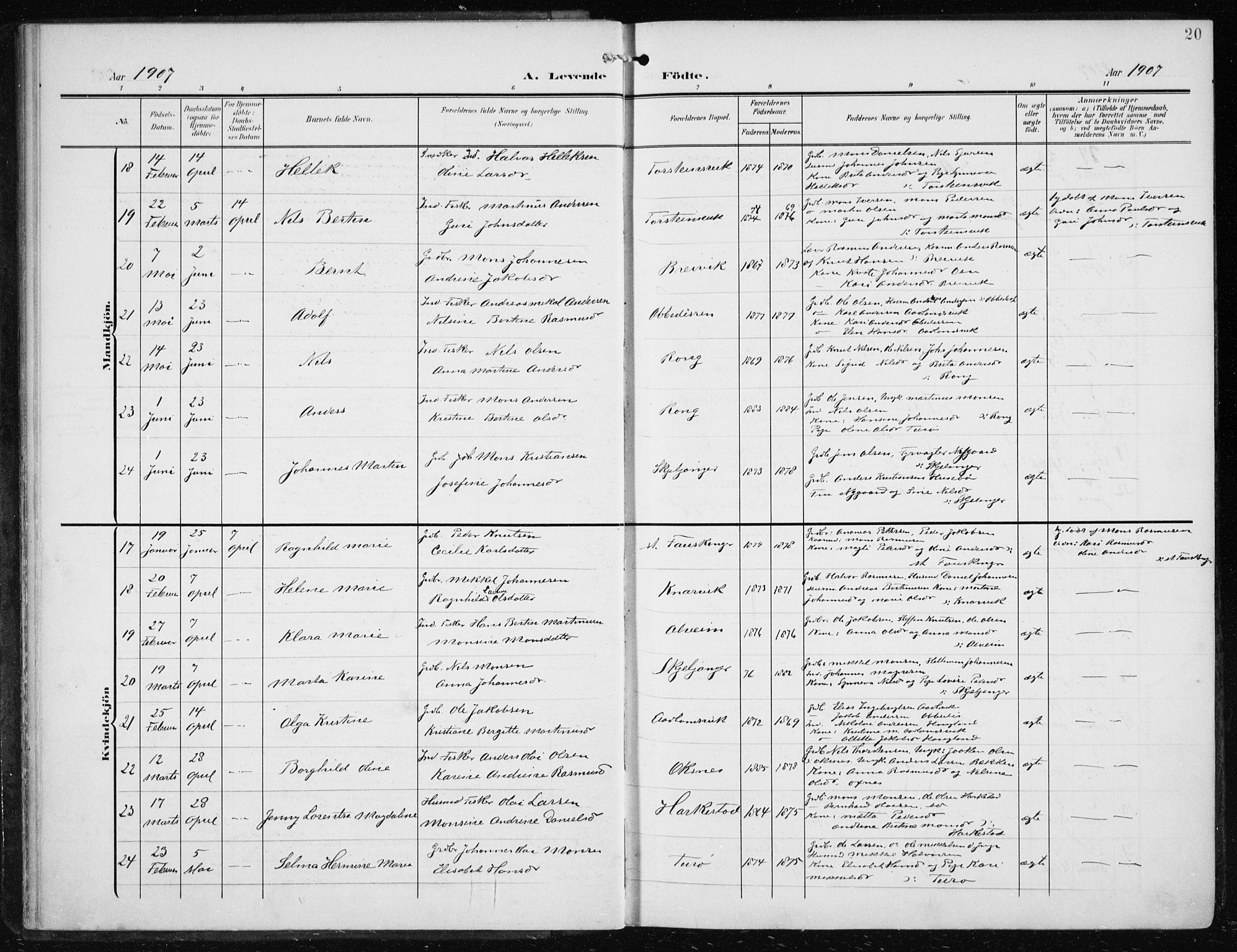 Herdla Sokneprestembete, AV/SAB-A-75701/H/Haa: Parish register (official) no. A 5, 1905-1918, p. 20