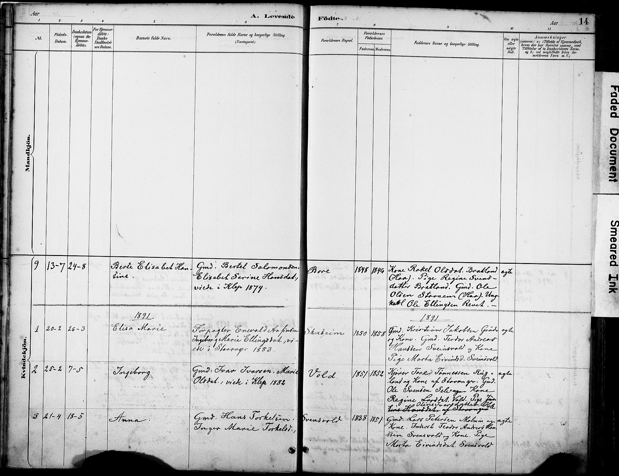 Klepp sokneprestkontor, SAST/A-101803/001/3/30BA/L0008: Parish register (official) no. A 9, 1886-1919, p. 14