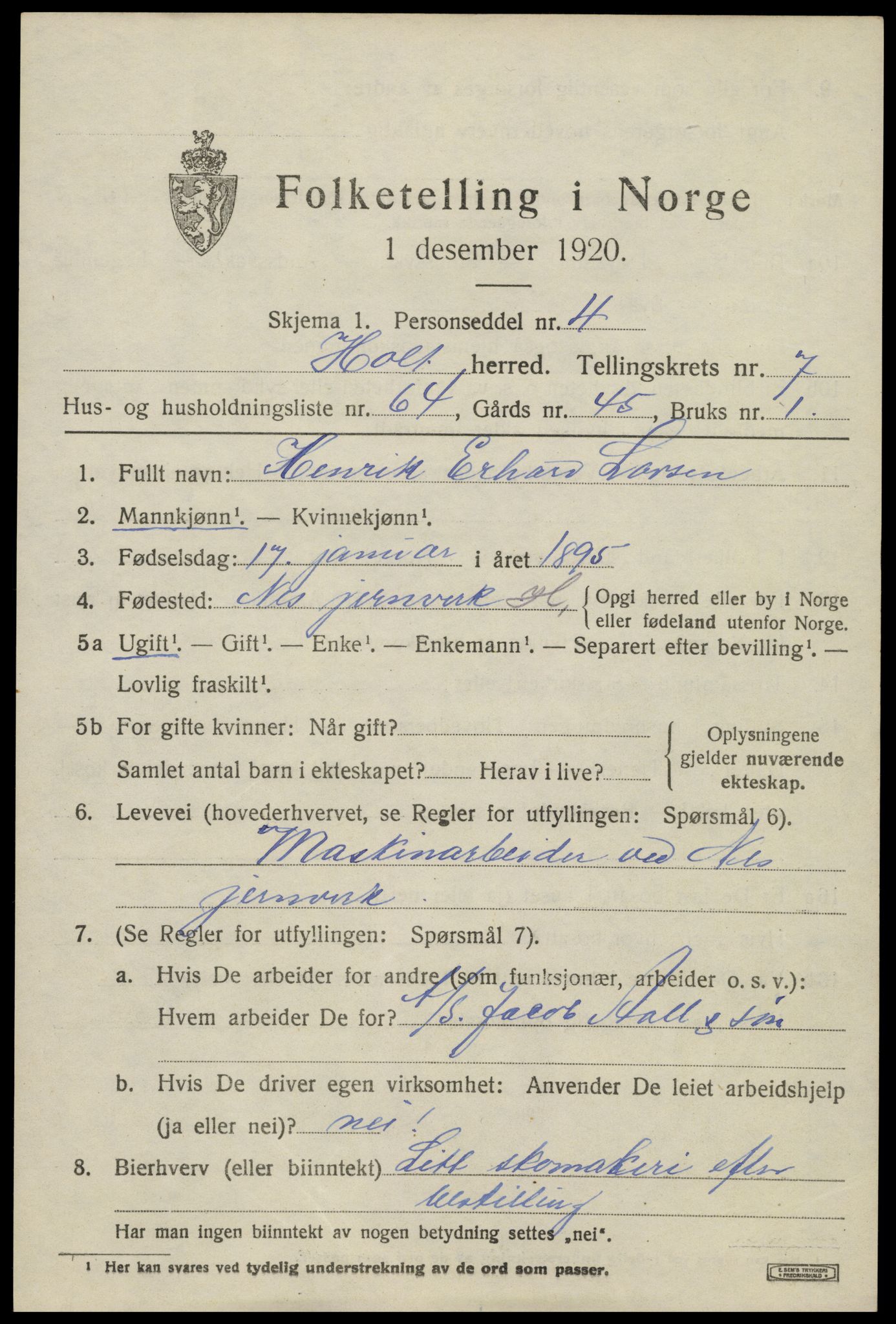 SAK, 1920 census for Holt, 1920, p. 4906
