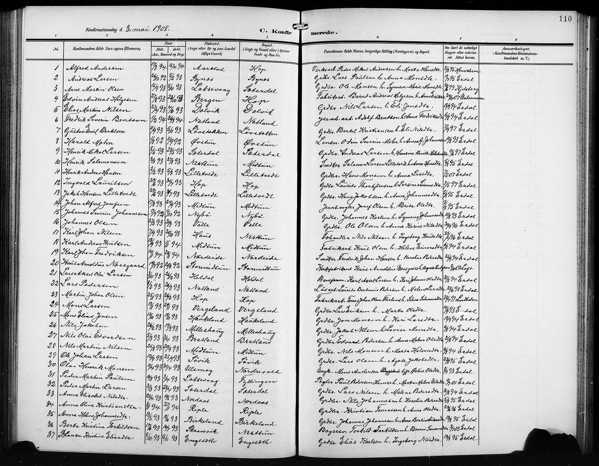Birkeland Sokneprestembete, SAB/A-74601/H/Hab: Parish register (copy) no. A 6, 1906-1915, p. 110