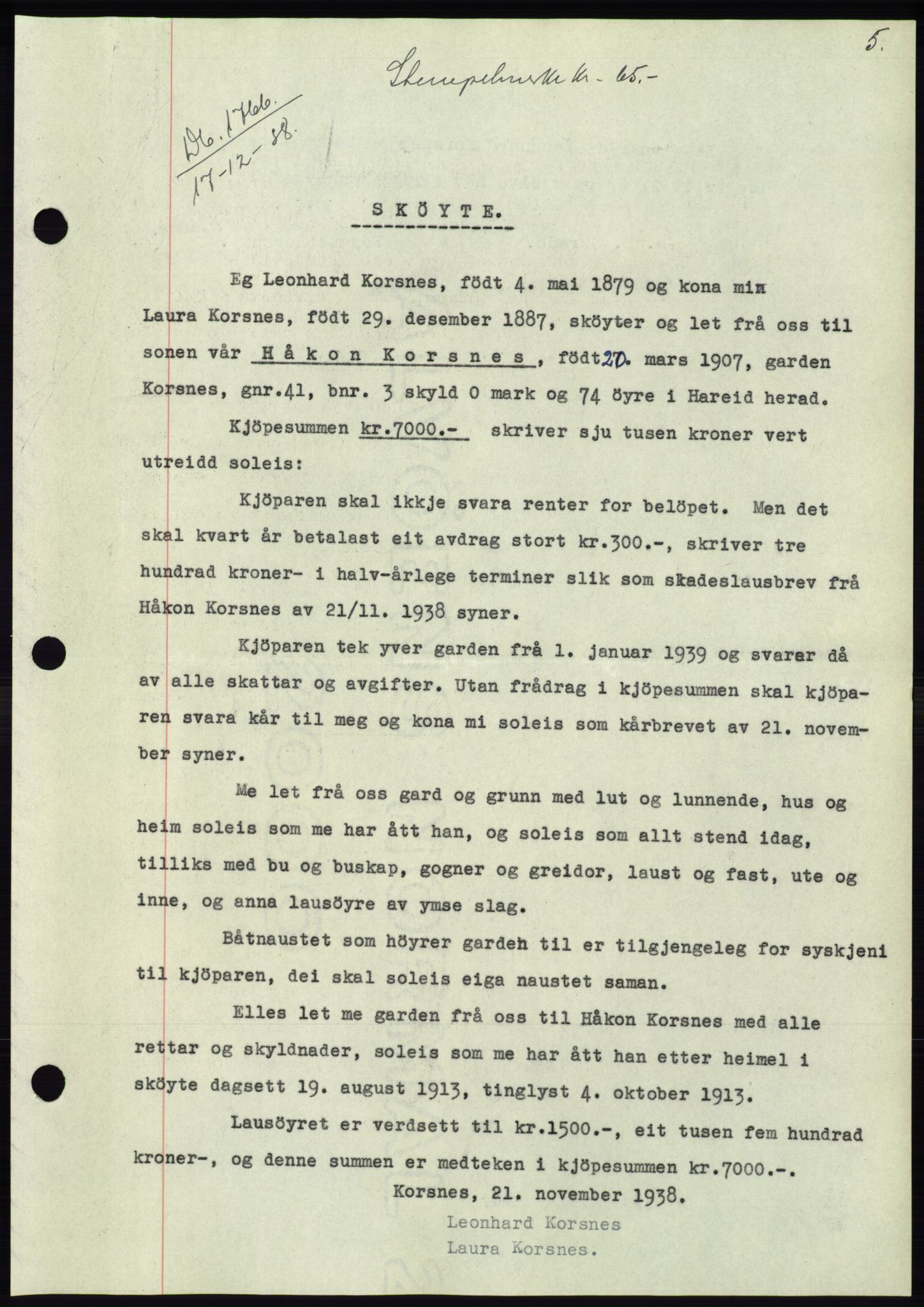 Søre Sunnmøre sorenskriveri, AV/SAT-A-4122/1/2/2C/L0067: Mortgage book no. 61, 1938-1939, Diary no: : 1766/1938