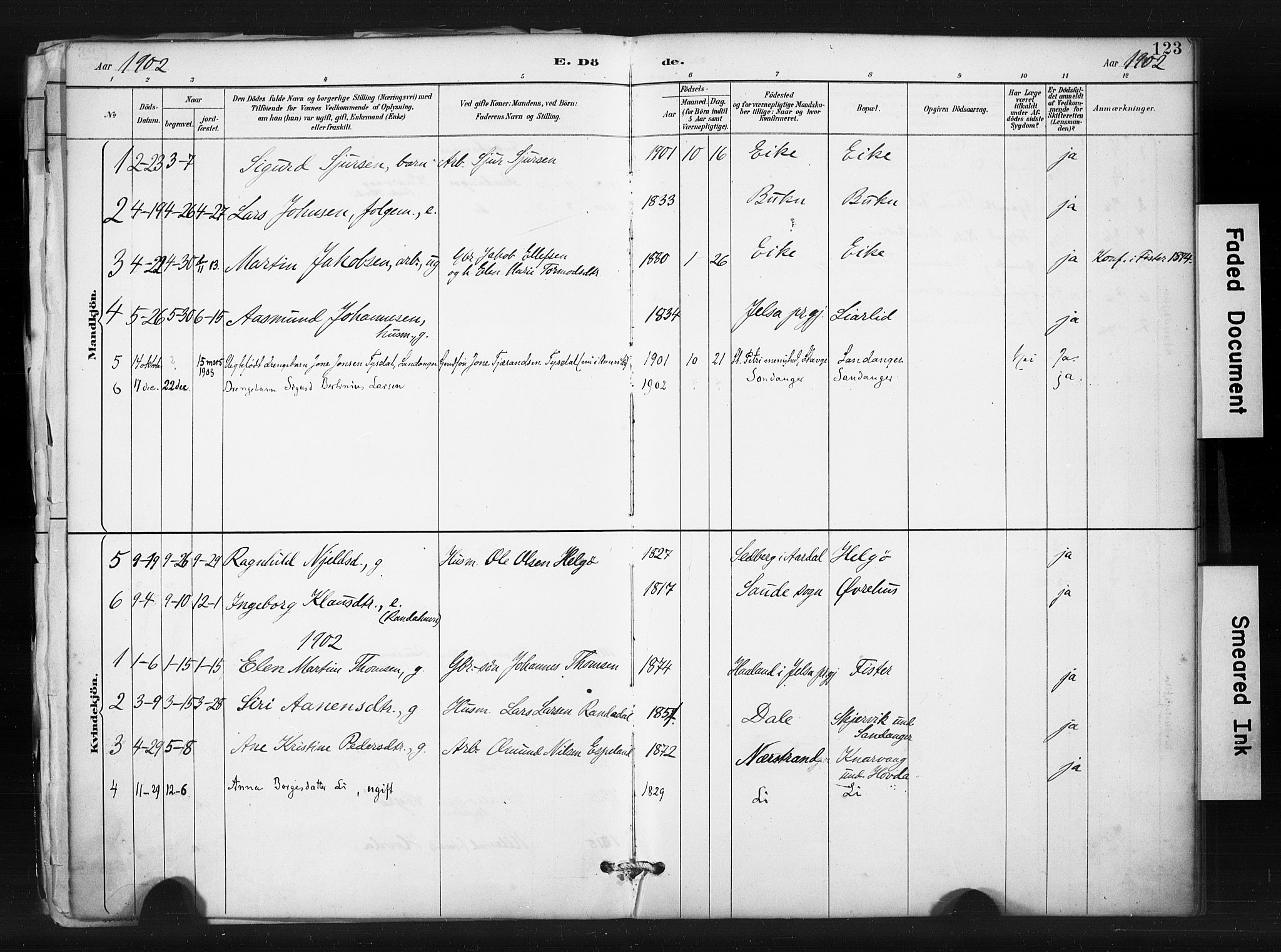 Hjelmeland sokneprestkontor, SAST/A-101843/01/IV/L0015: Parish register (official) no. A 15, 1887-1910, p. 123