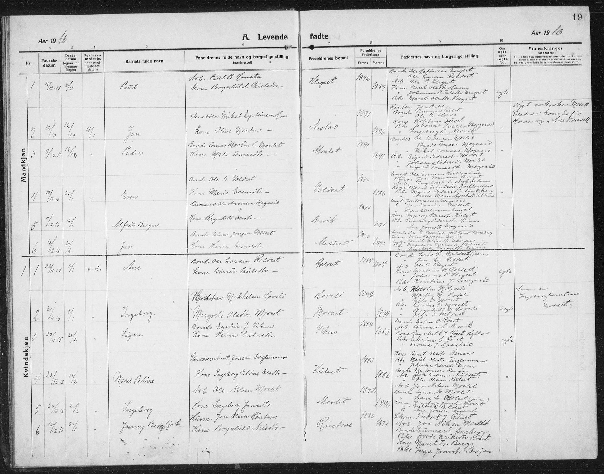 Ministerialprotokoller, klokkerbøker og fødselsregistre - Sør-Trøndelag, SAT/A-1456/695/L1158: Parish register (copy) no. 695C09, 1913-1940, p. 19
