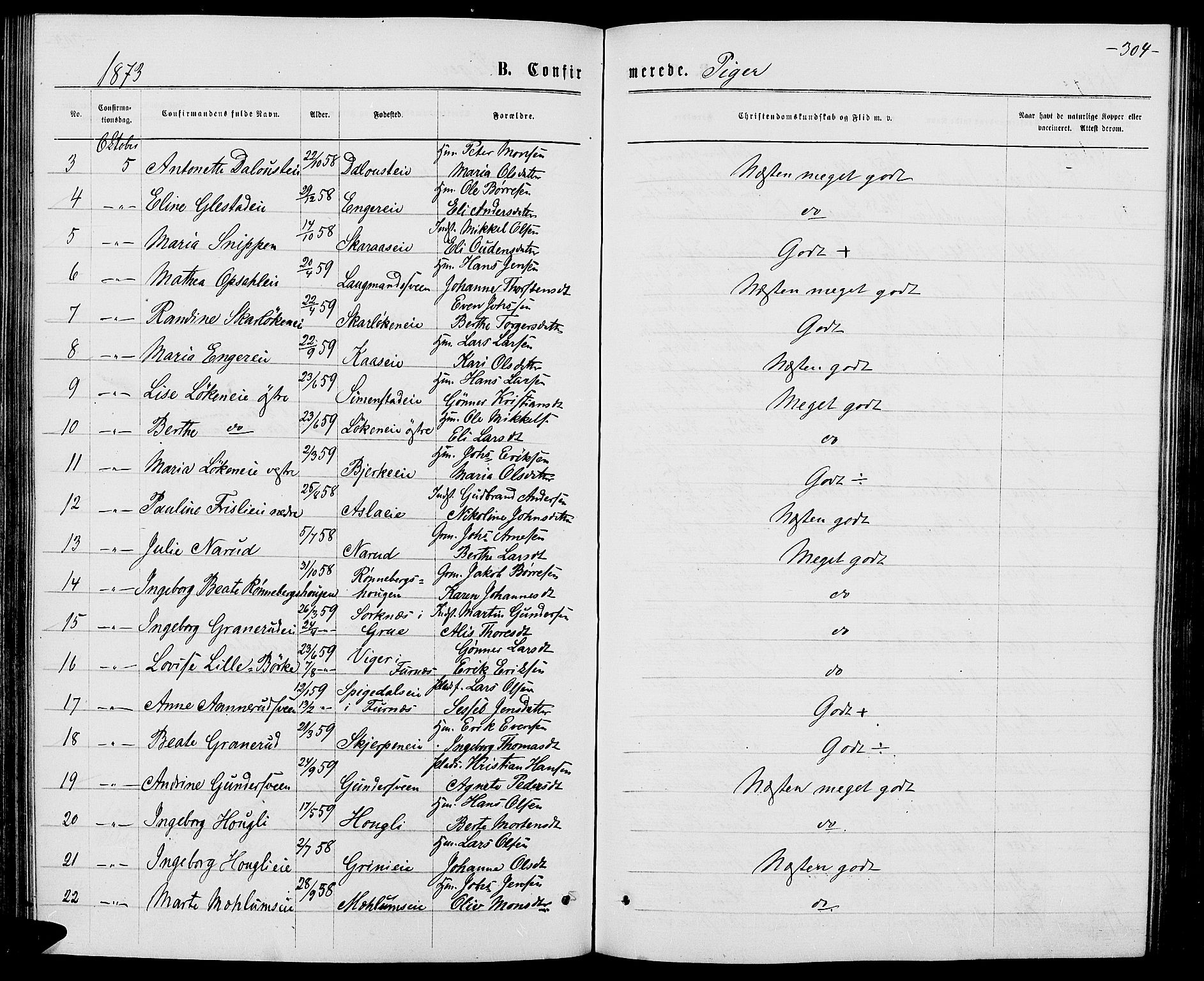 Ringsaker prestekontor, AV/SAH-PREST-014/L/La/L0008: Parish register (copy) no. 8, 1870-1878, p. 304