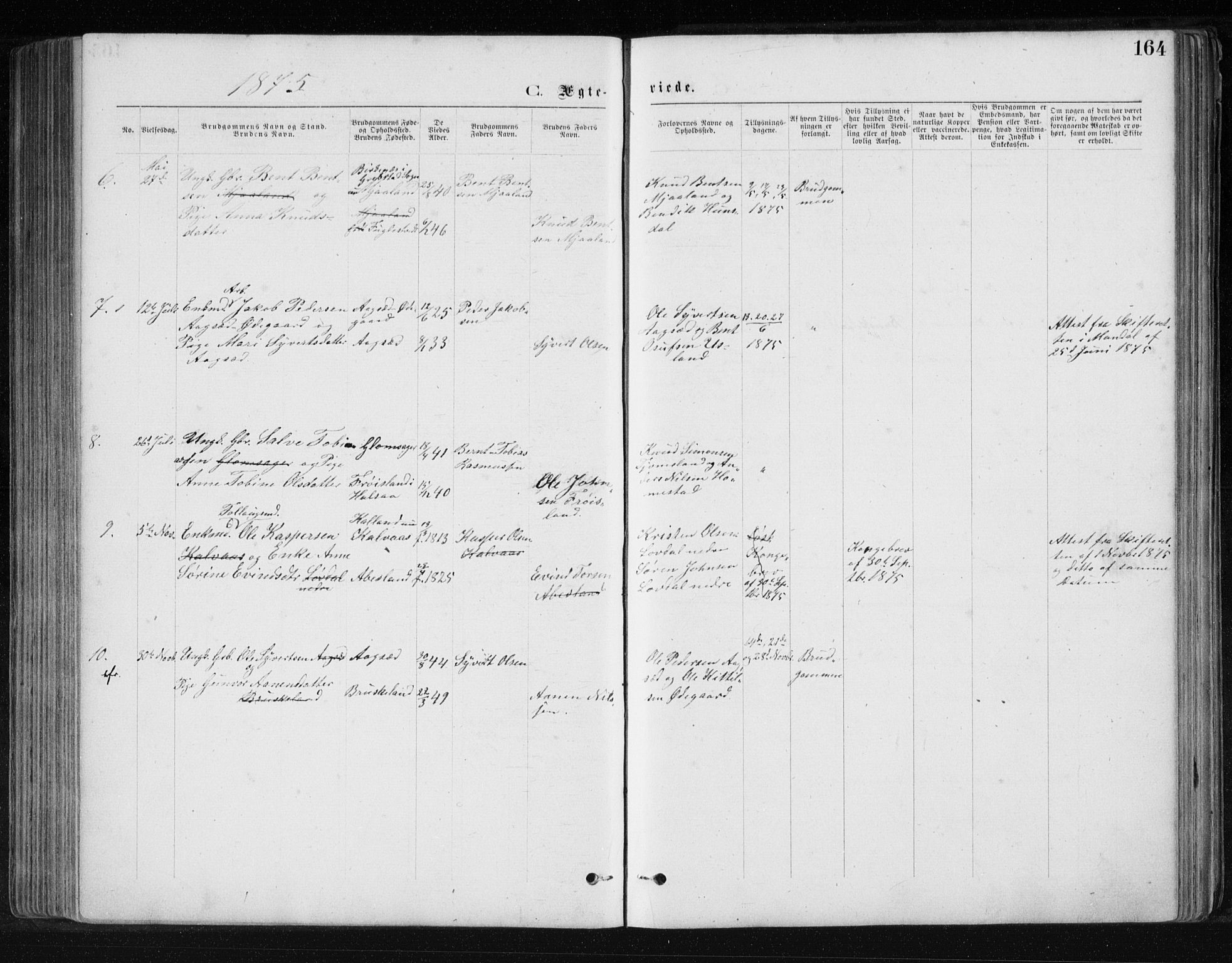 Holum sokneprestkontor, SAK/1111-0022/F/Fb/Fbb/L0003: Parish register (copy) no. B 3, 1875-1898, p. 164