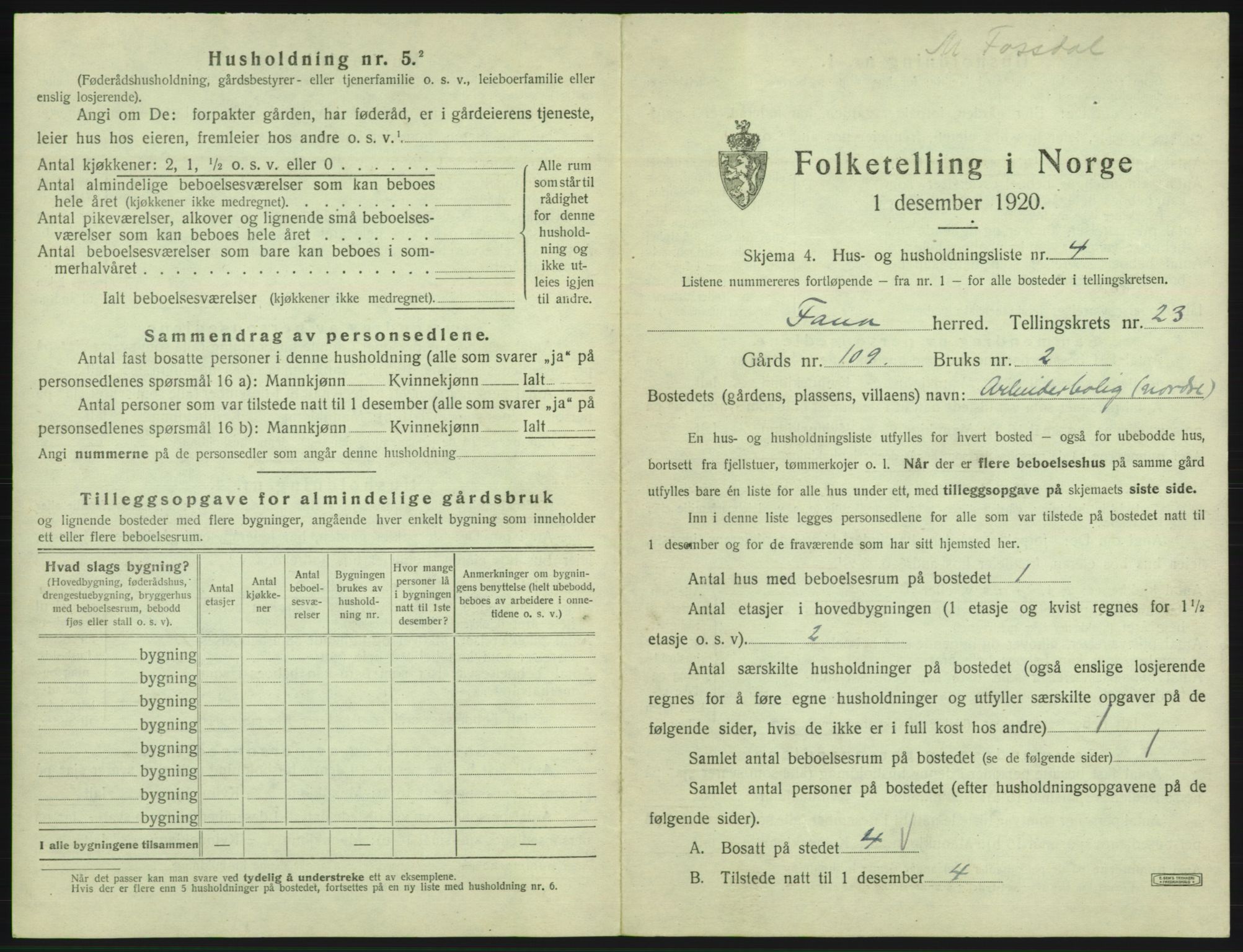 SAB, 1920 census for Fana, 1920, p. 3330