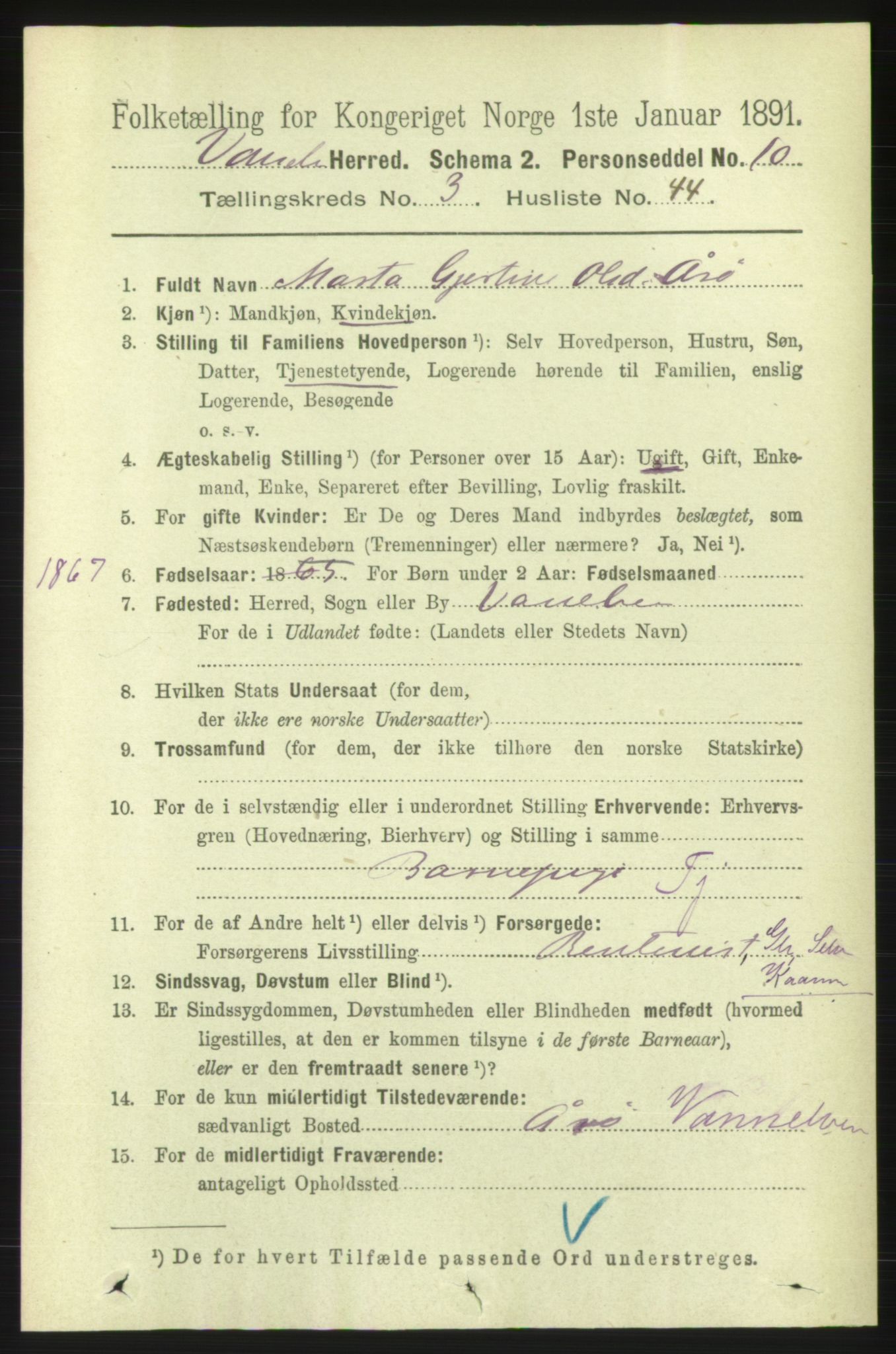 RA, 1891 census for 1511 Vanylven, 1891, p. 1496