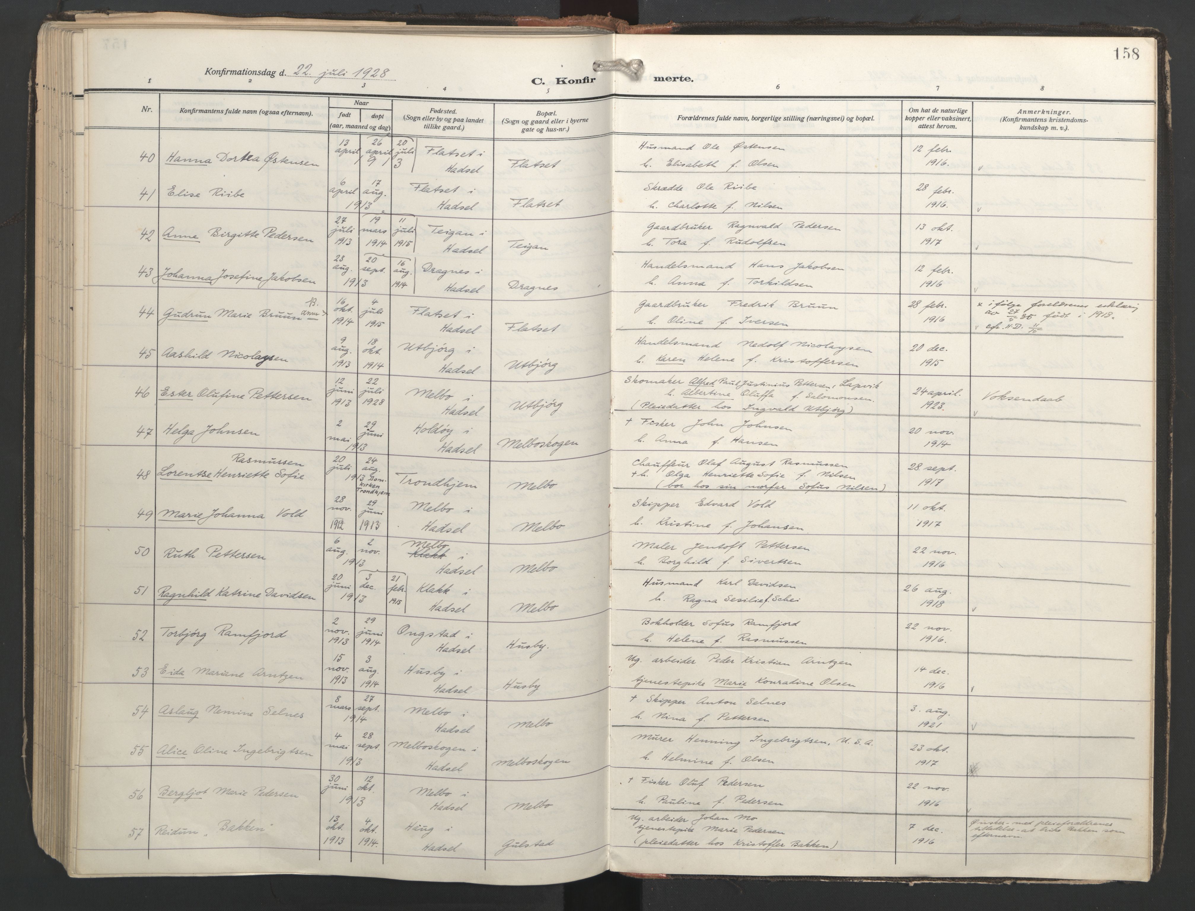 Ministerialprotokoller, klokkerbøker og fødselsregistre - Nordland, SAT/A-1459/888/L1249: Parish register (official) no. 888A15, 1911-1929, p. 158