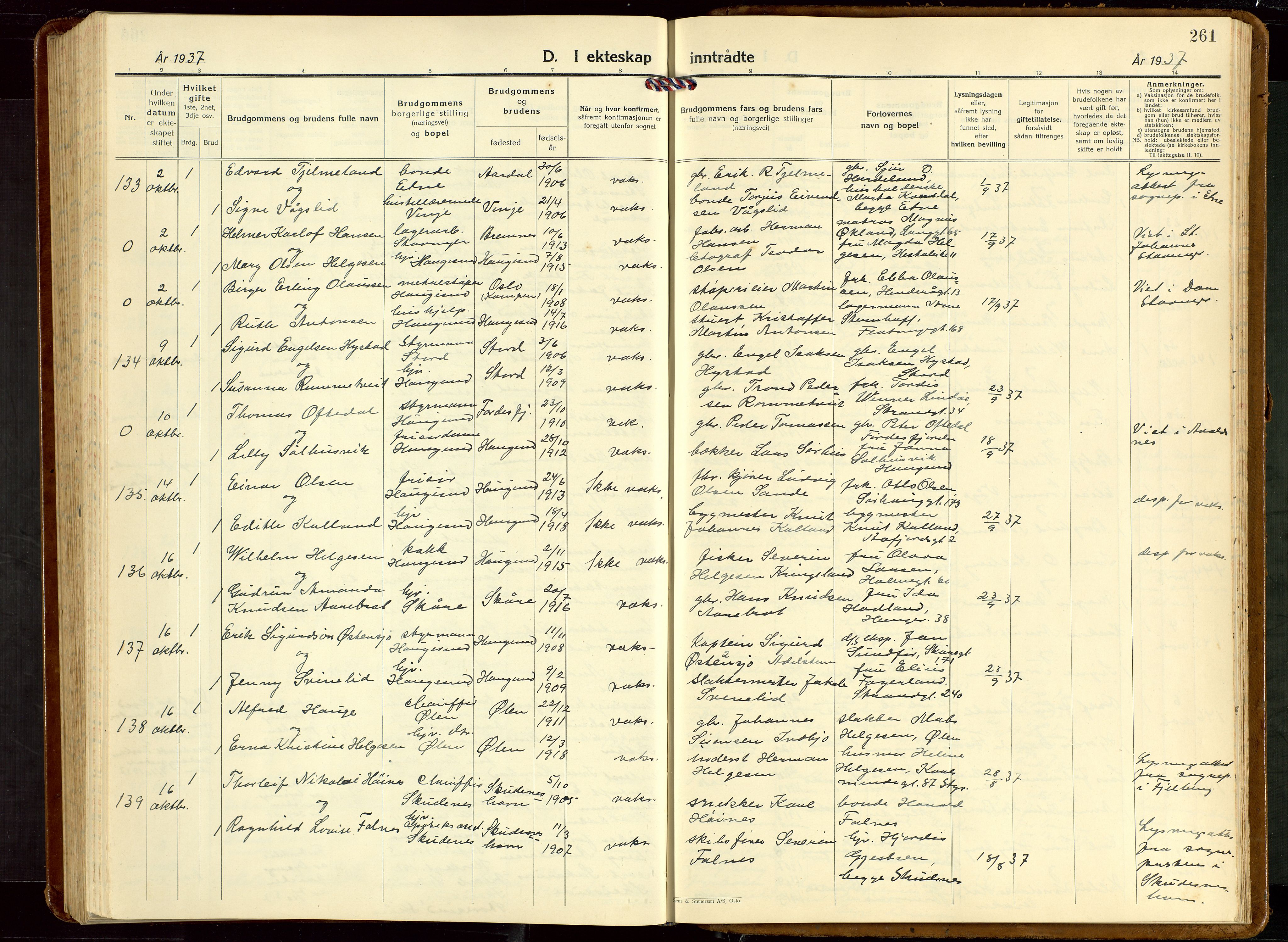 Haugesund sokneprestkontor, AV/SAST-A -101863/H/Ha/Hab/L0013: Parish register (copy) no. B 13, 1931-1943, p. 261