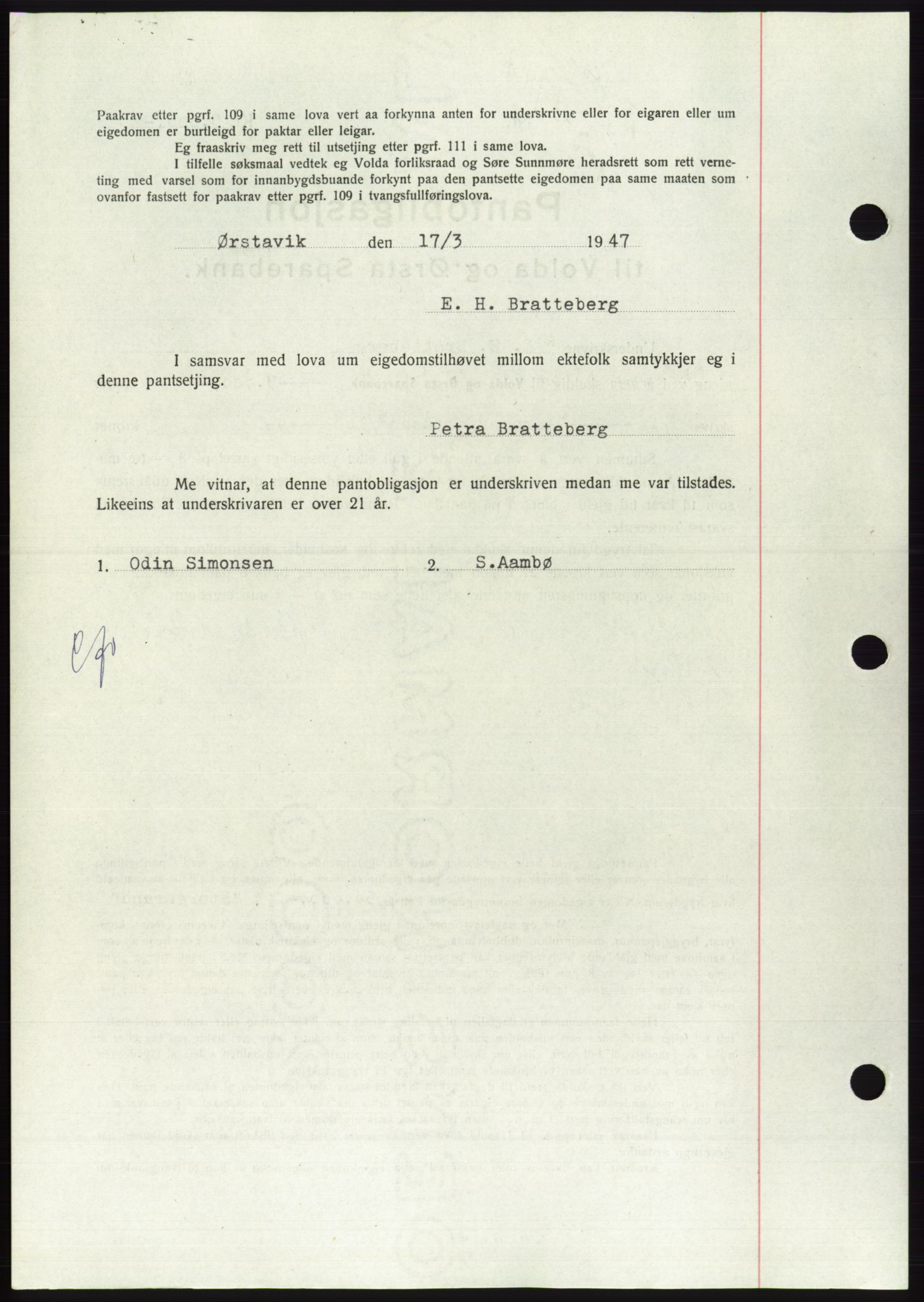 Søre Sunnmøre sorenskriveri, AV/SAT-A-4122/1/2/2C/L0114: Mortgage book no. 1-2B, 1943-1947, Diary no: : 400/1947