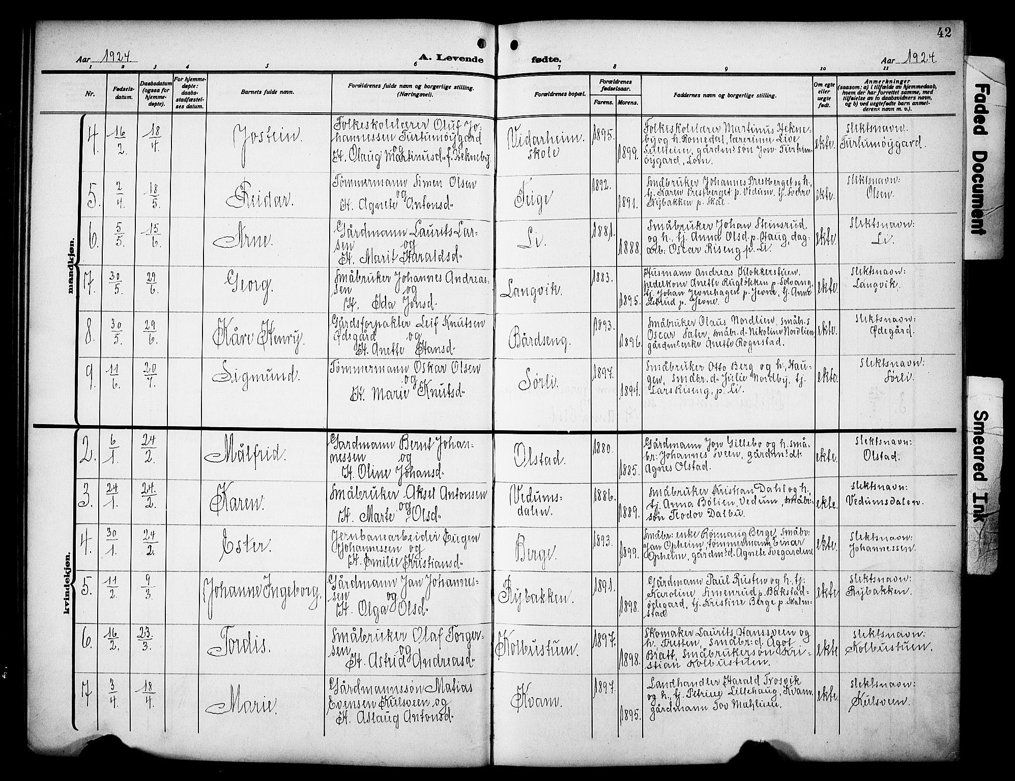 Øyer prestekontor, SAH/PREST-084/H/Ha/Hab/L0007: Parish register (copy) no. 7, 1913-1928, p. 42