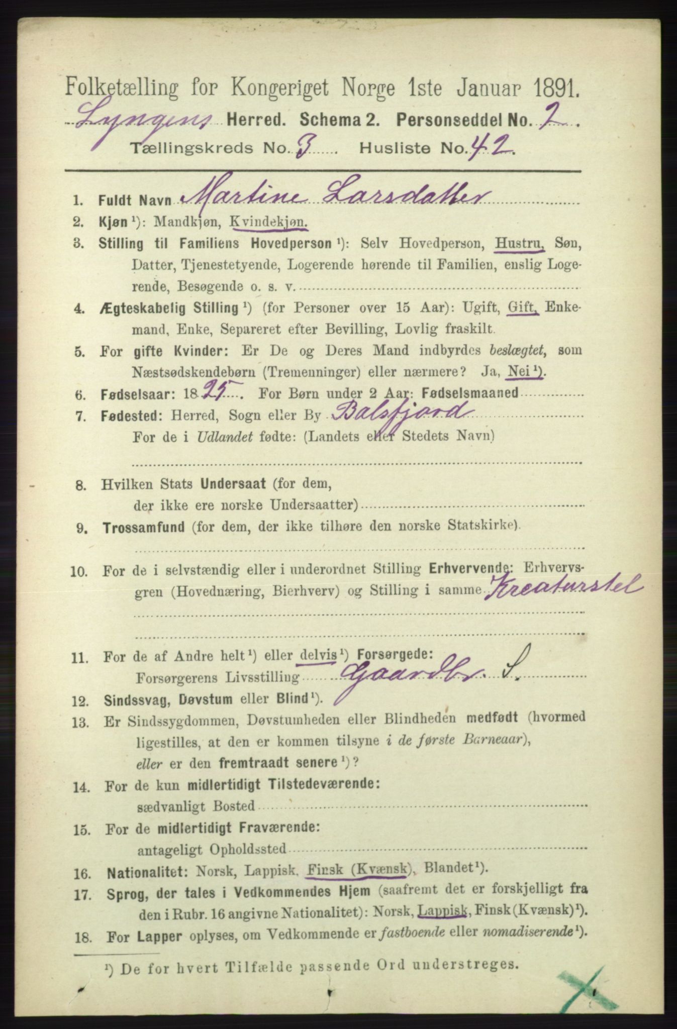 RA, 1891 census for 1938 Lyngen, 1891, p. 3420