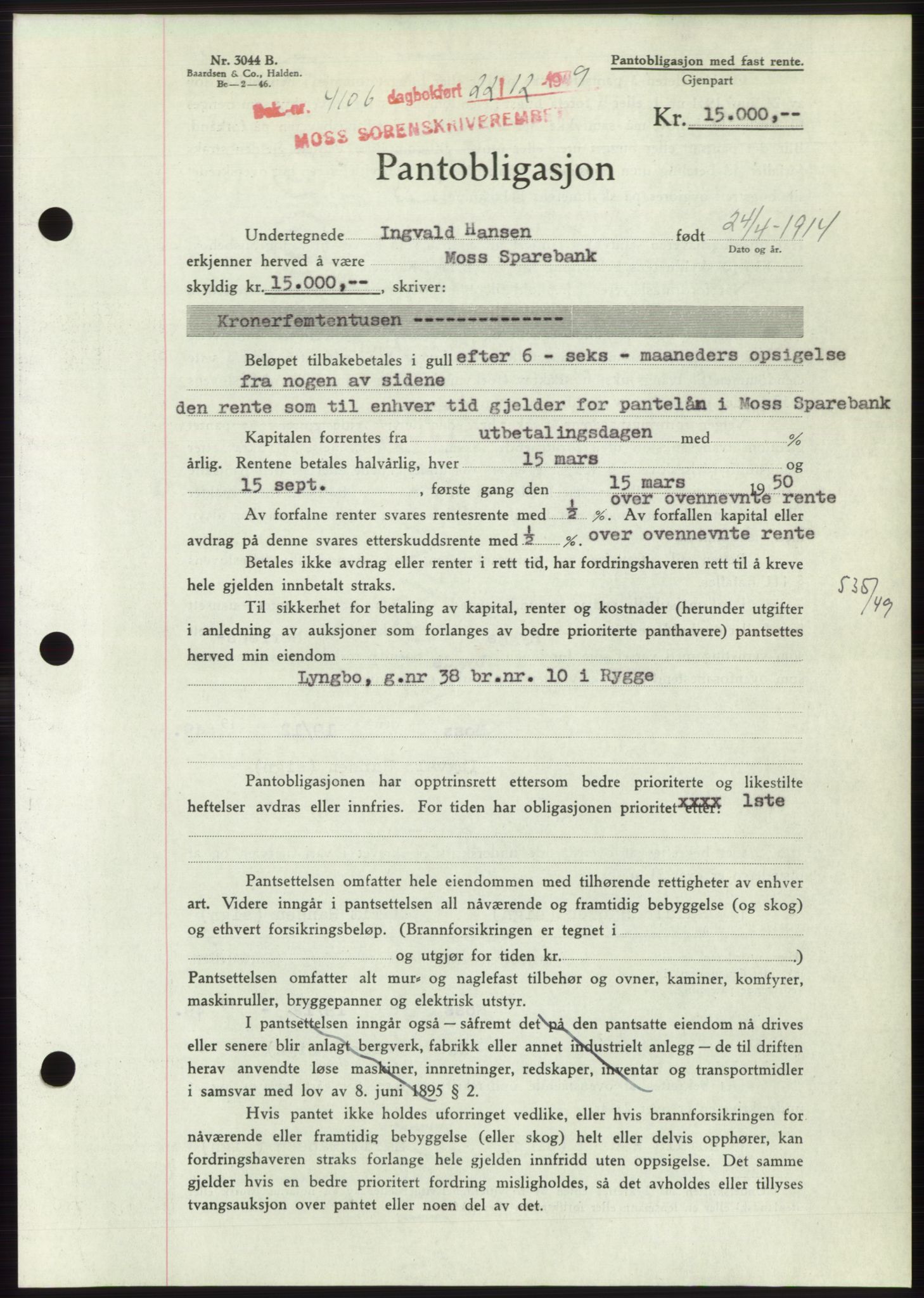 Moss sorenskriveri, SAO/A-10168: Mortgage book no. B23, 1949-1950, Diary no: : 4106/1949