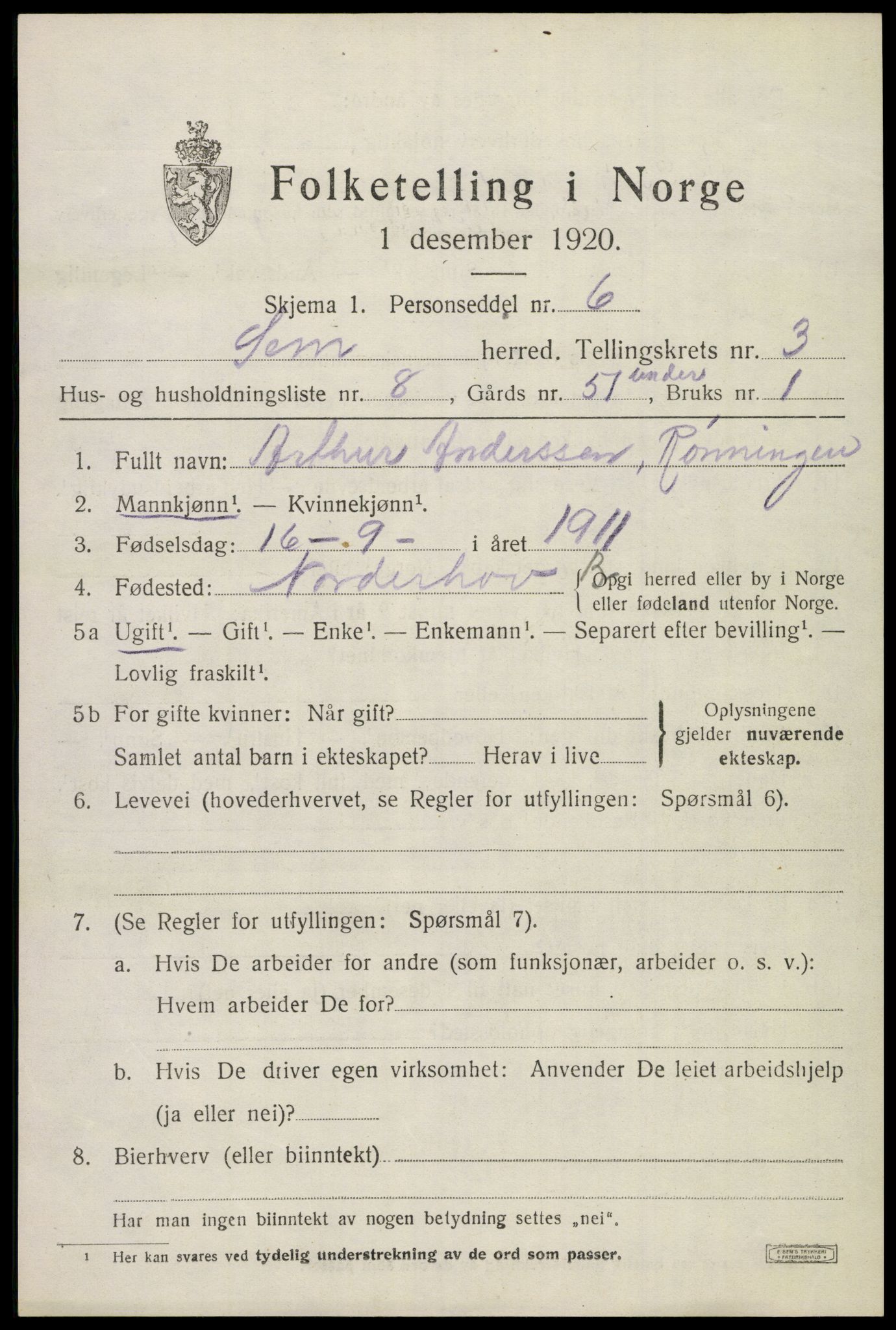 SAKO, 1920 census for Sem, 1920, p. 6485