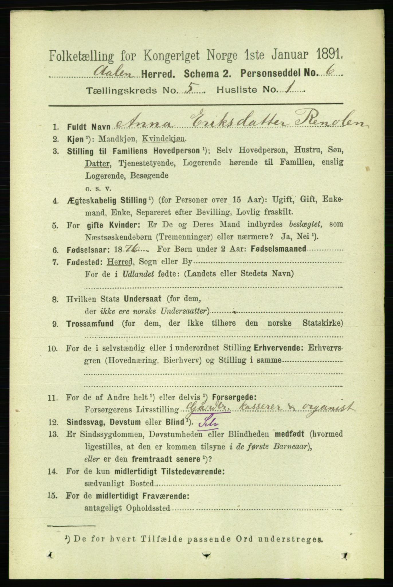 RA, 1891 census for 1644 Ålen, 1891, p. 1495