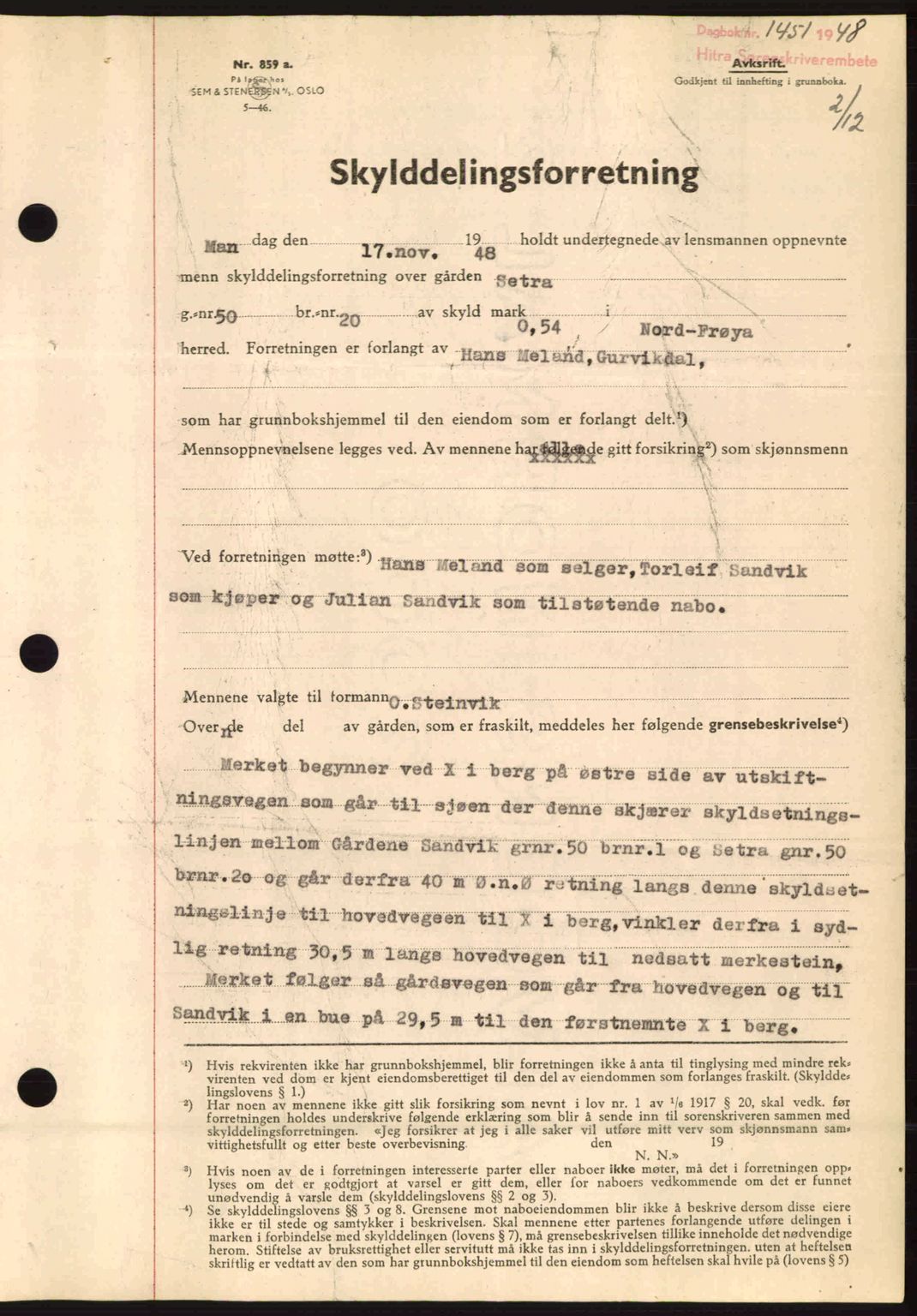 Hitra sorenskriveri, AV/SAT-A-0018/2/2C/2Ca: Mortgage book no. A5, 1947-1948, Diary no: : 1451/1948