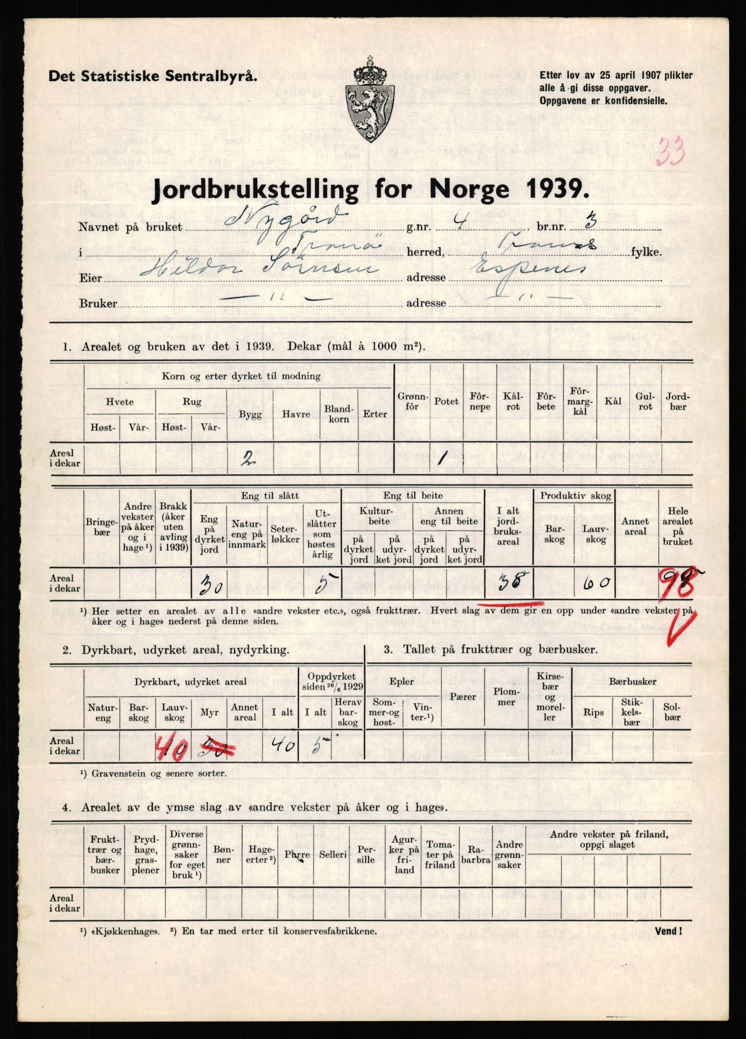 Statistisk sentralbyrå, Næringsøkonomiske emner, Jordbruk, skogbruk, jakt, fiske og fangst, AV/RA-S-2234/G/Gb/L0341: Troms: Sørreisa og Tranøy, 1939, p. 1561