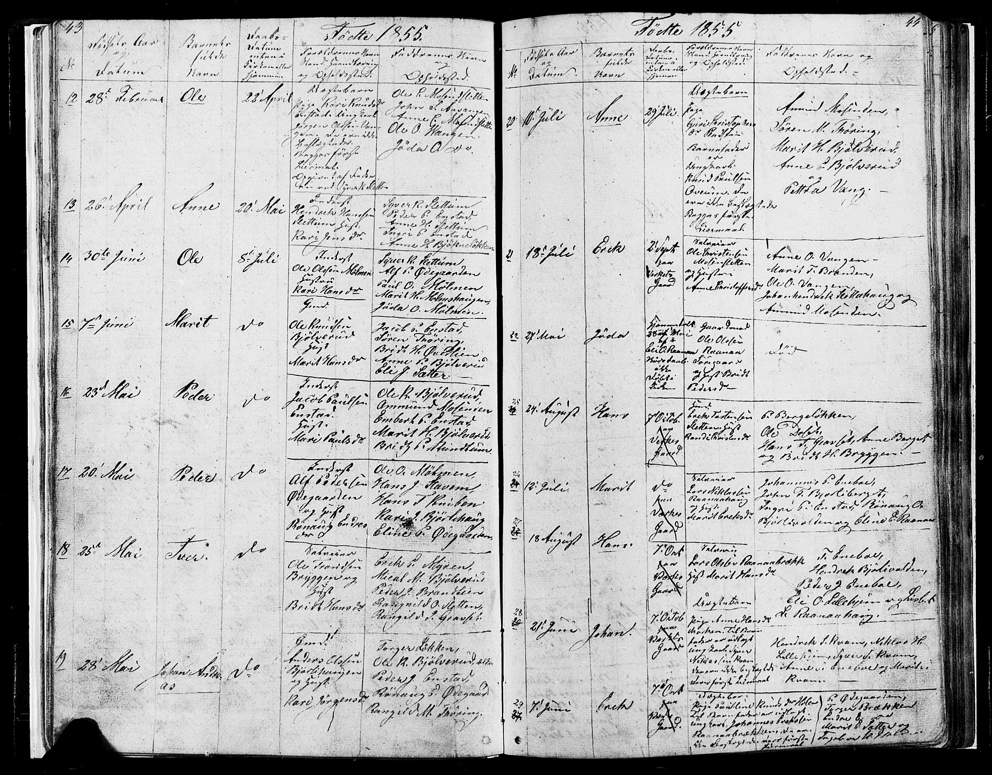 Lesja prestekontor, SAH/PREST-068/H/Ha/Hab/L0004: Parish register (copy) no. 4, 1842-1871, p. 43-44