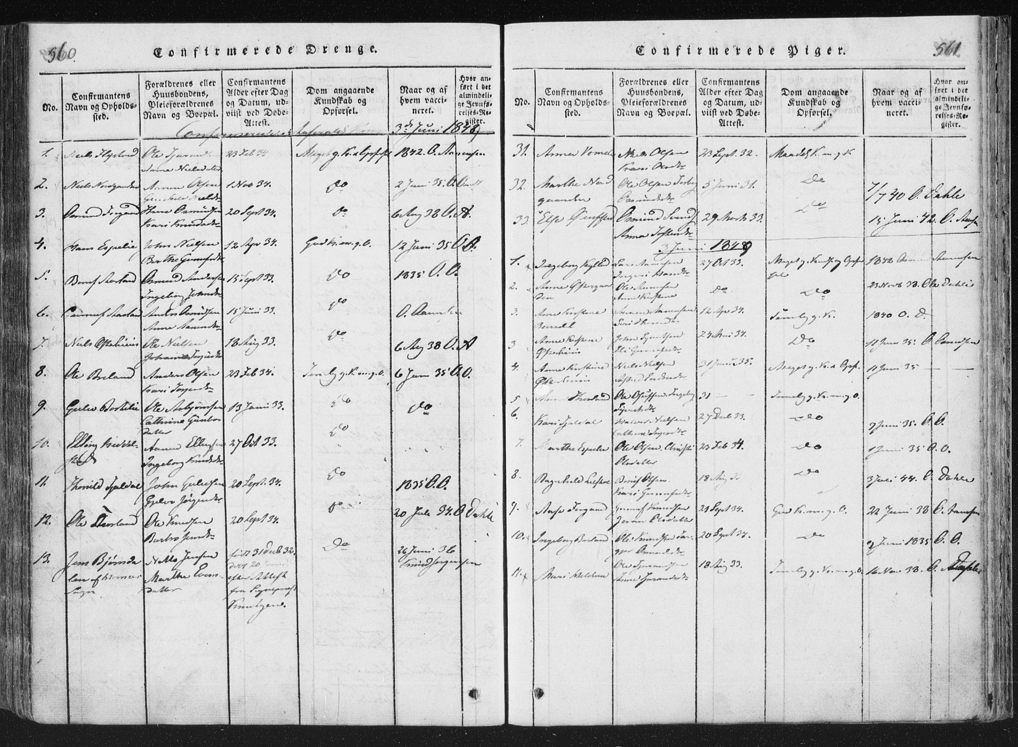 Åseral sokneprestkontor, AV/SAK-1111-0051/F/Fa/L0001: Parish register (official) no. A 1, 1815-1853, p. 560-561