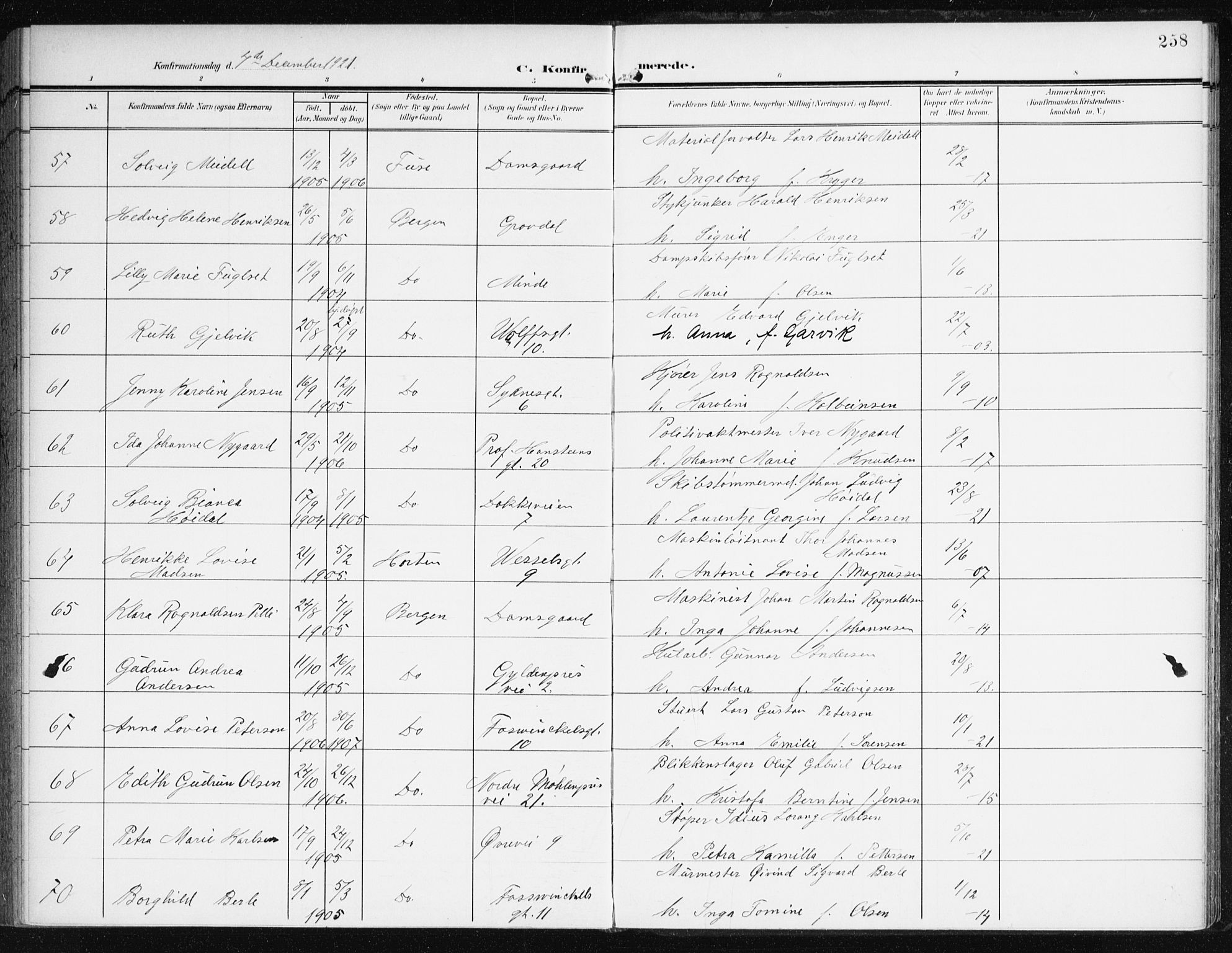 Johanneskirken sokneprestembete, AV/SAB-A-76001/H/Haa/L0009: Parish register (official) no. C 2, 1907-1924, p. 258