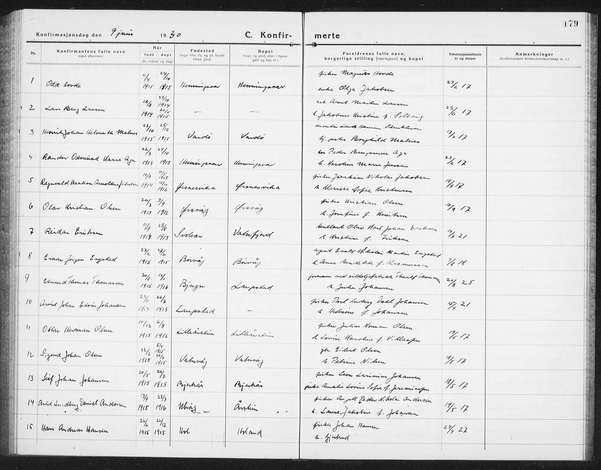 Ministerialprotokoller, klokkerbøker og fødselsregistre - Nordland, SAT/A-1459/874/L1081: Parish register (copy) no. 874C10, 1925-1941, p. 179