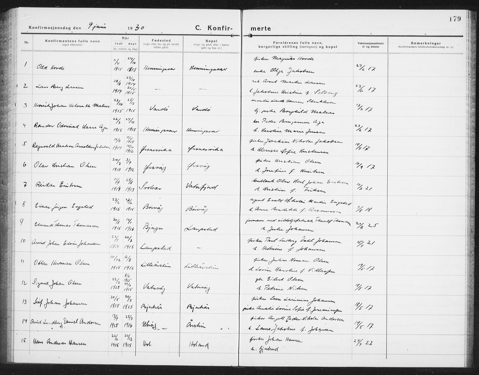 Ministerialprotokoller, klokkerbøker og fødselsregistre - Nordland, AV/SAT-A-1459/874/L1081: Parish register (copy) no. 874C10, 1925-1941, p. 179