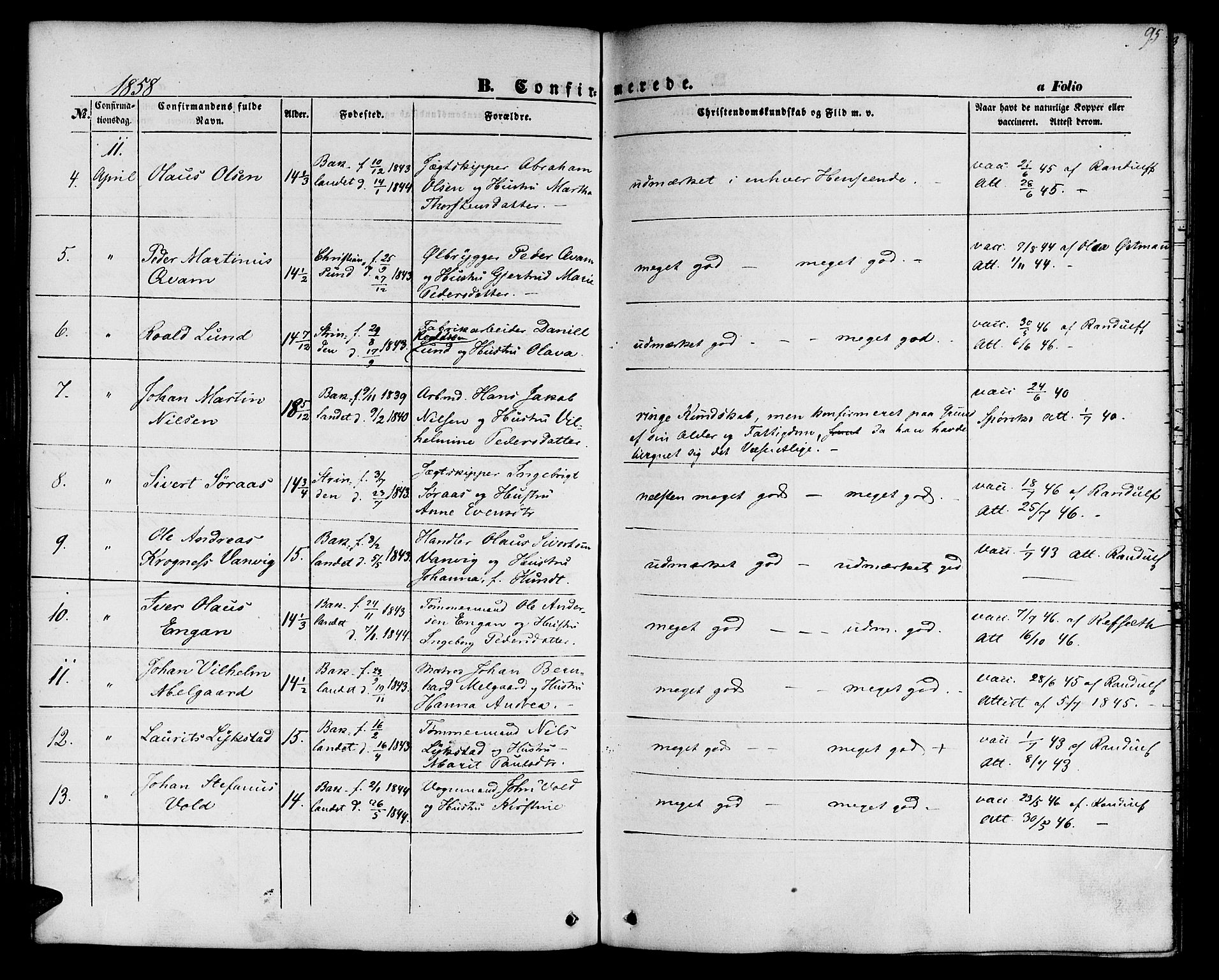 Ministerialprotokoller, klokkerbøker og fødselsregistre - Sør-Trøndelag, SAT/A-1456/604/L0184: Parish register (official) no. 604A05, 1851-1860, p. 95