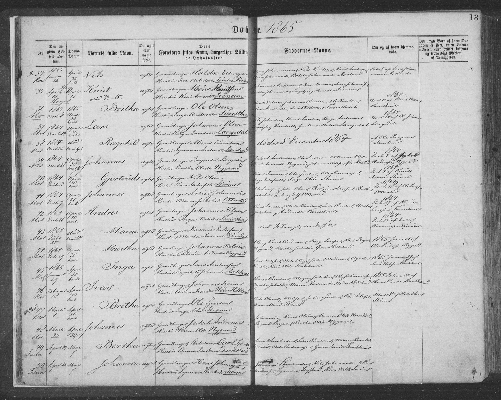 Hosanger sokneprestembete, AV/SAB-A-75801/H/Haa: Parish register (official) no. A 9, 1864-1876, p. 13